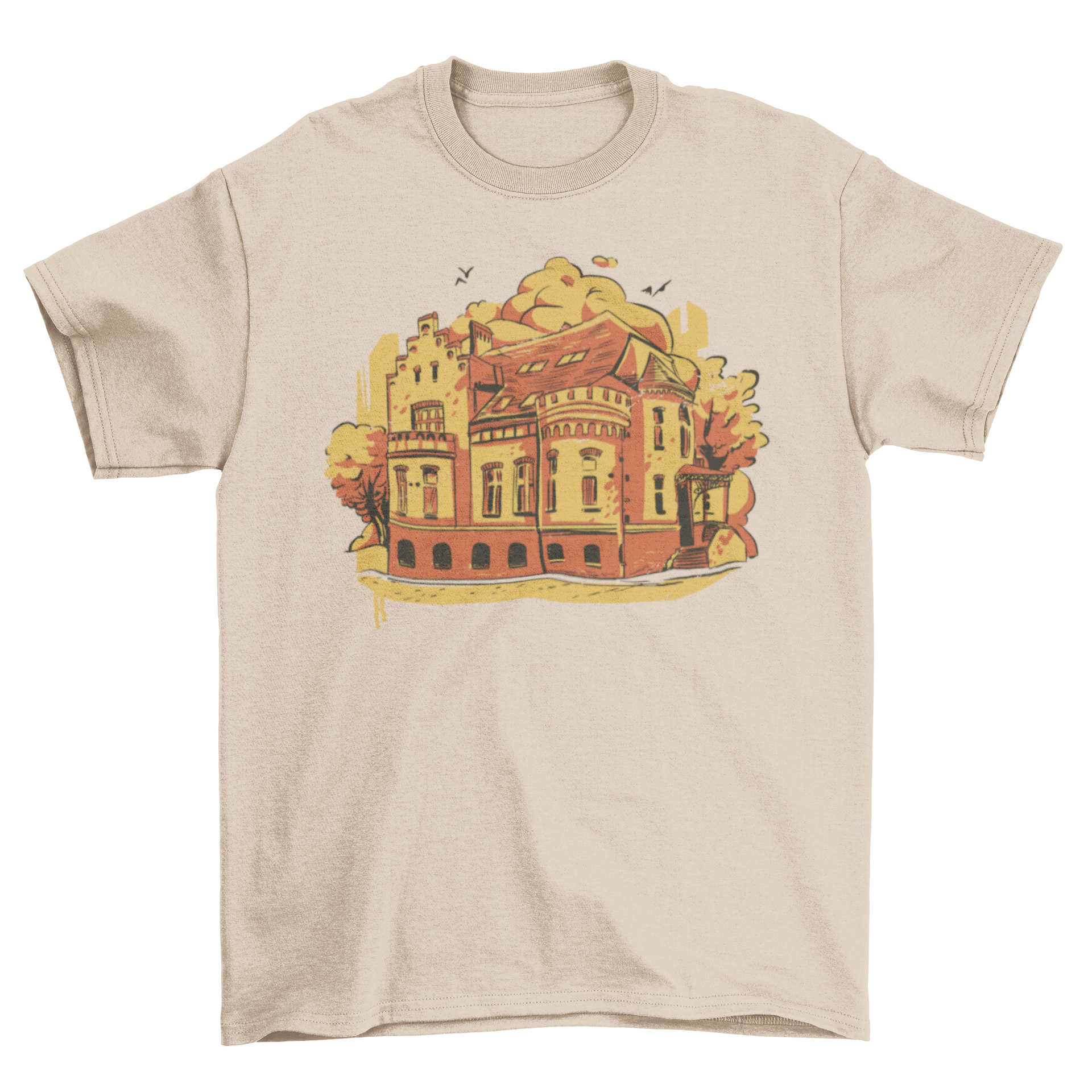 Stylish t-shirt featuring a church building design with trees and birds, perfect for city lovers.