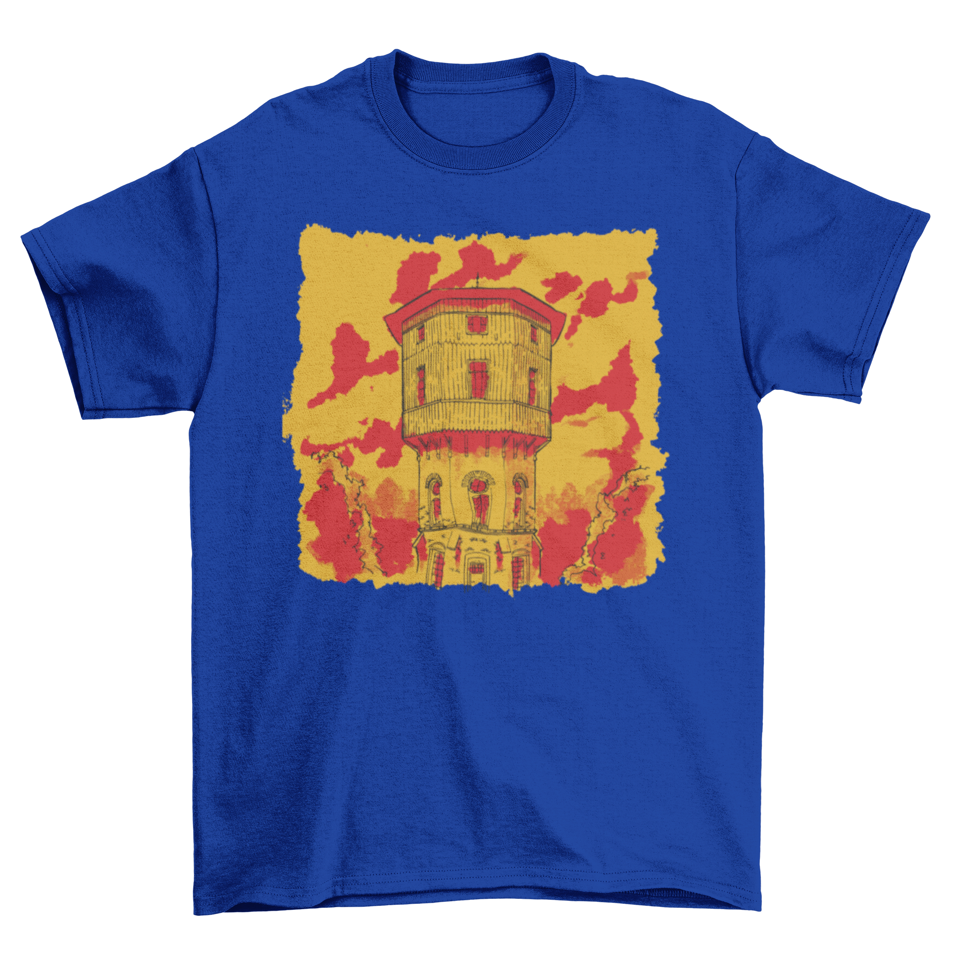 Abstract church building sketch t-shirt design featuring vibrant colors and artistic details.