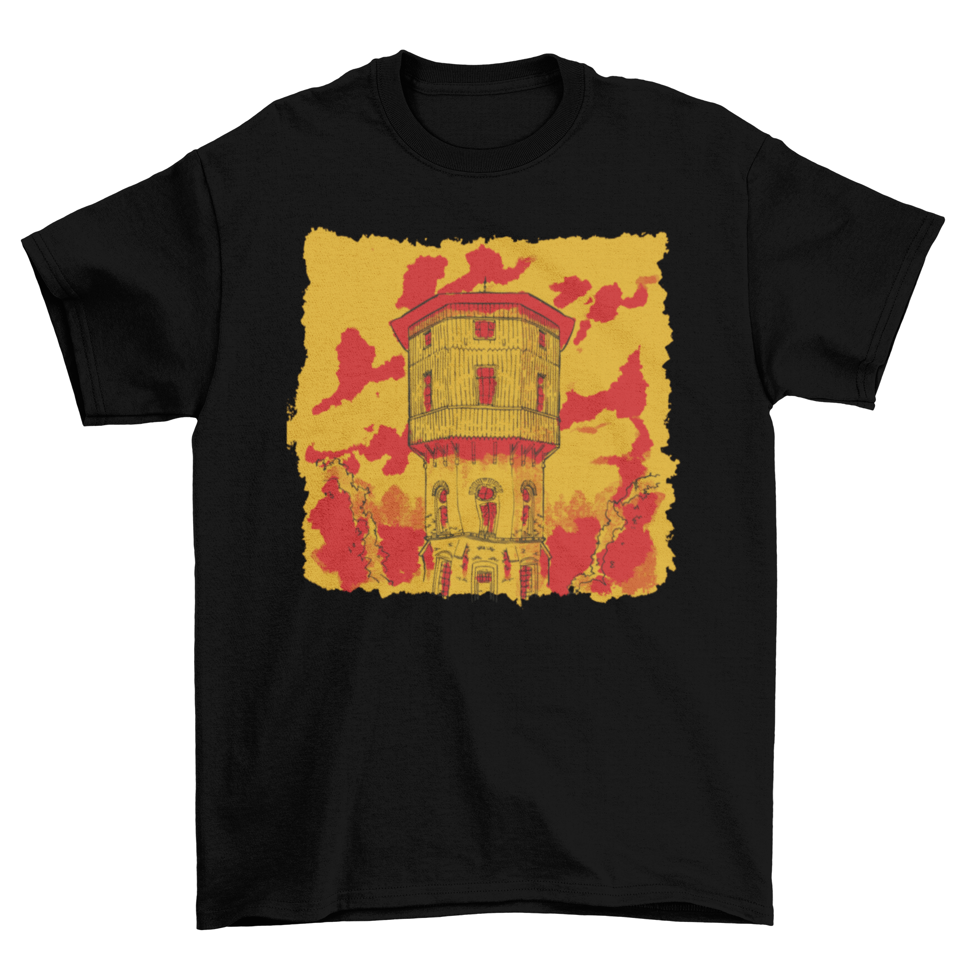 Abstract church building sketch t-shirt design featuring vibrant colors and artistic details.