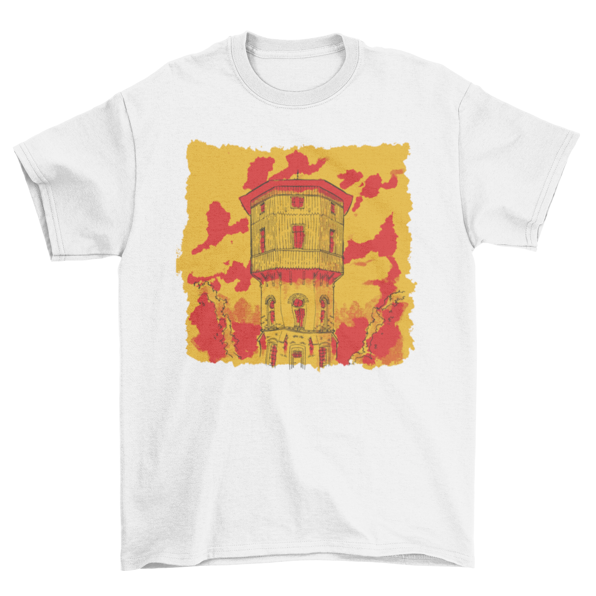 Abstract church building sketch t-shirt design featuring vibrant colors and artistic details.