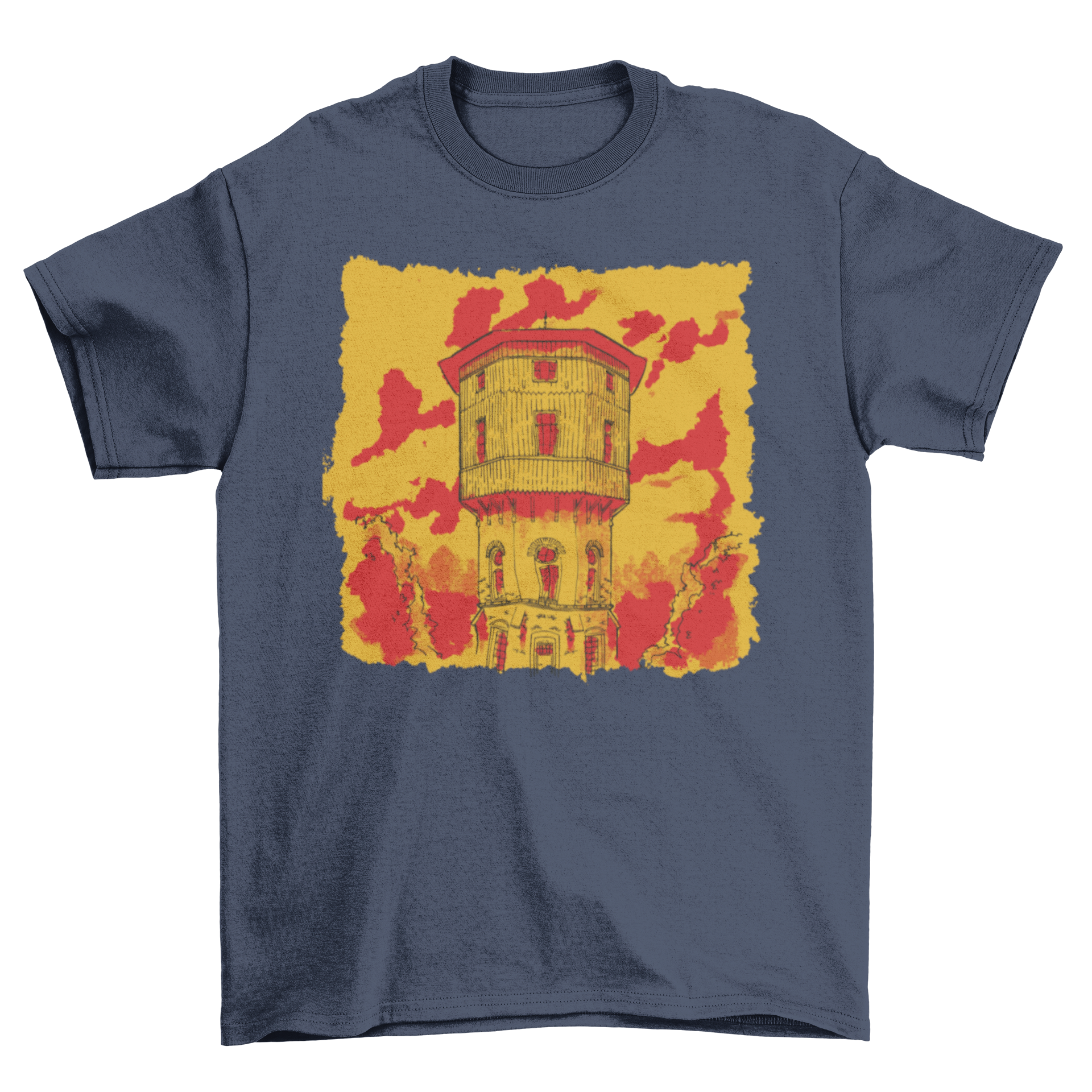 Abstract church building sketch t-shirt design featuring vibrant colors and artistic details.