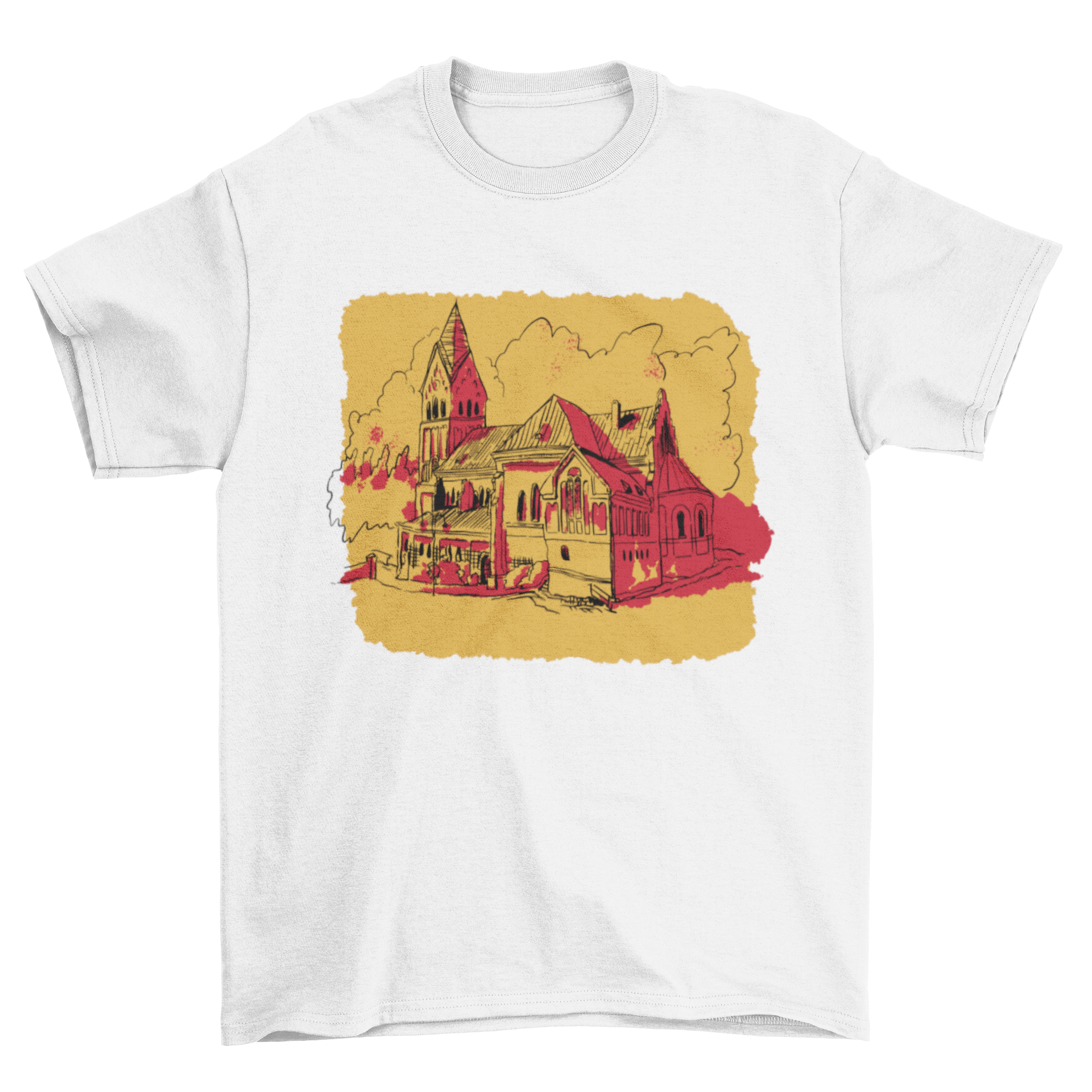 A stylish t-shirt featuring a church silhouette against a vibrant sunset background, showcasing warm colors.