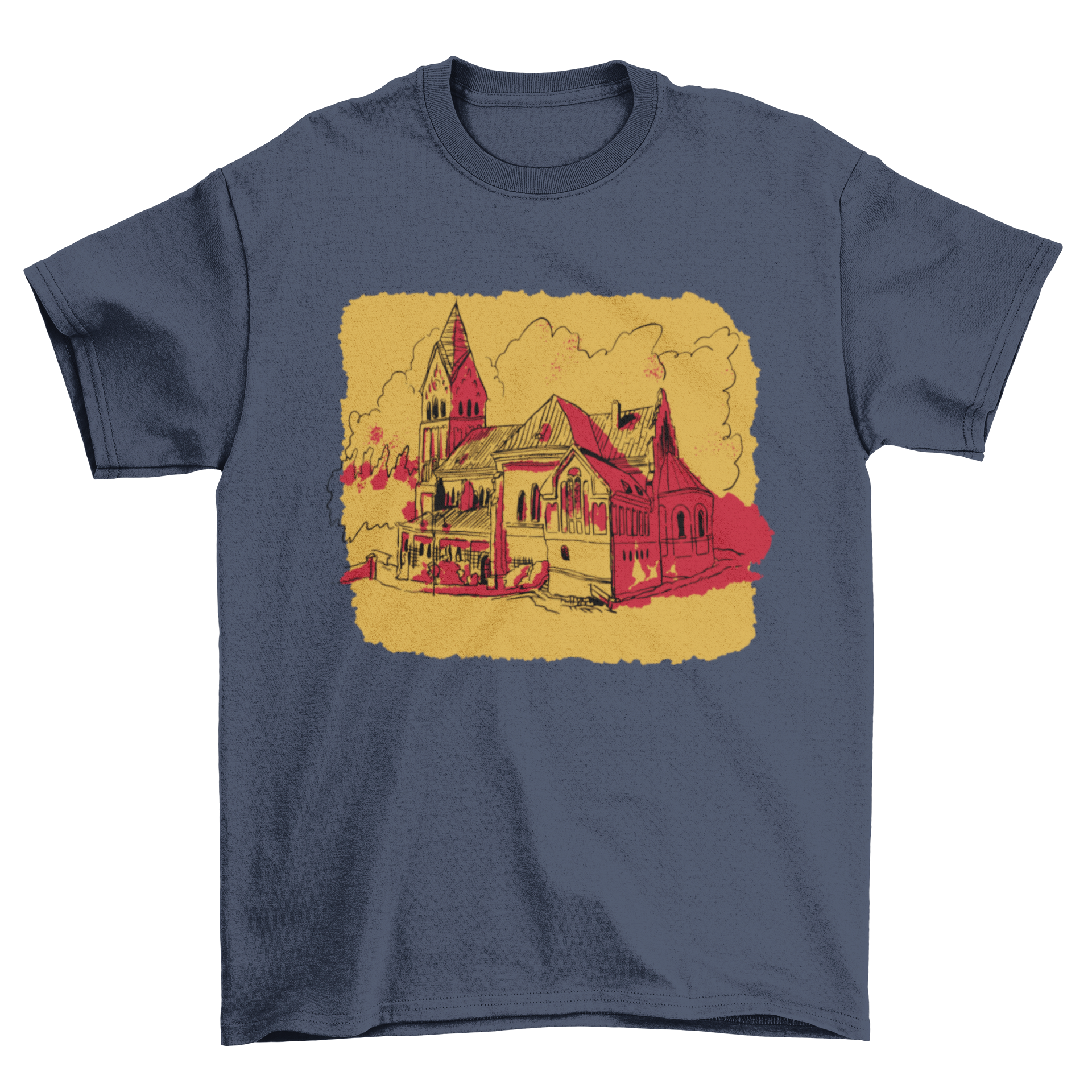 A stylish t-shirt featuring a church silhouette against a vibrant sunset background, showcasing warm colors.