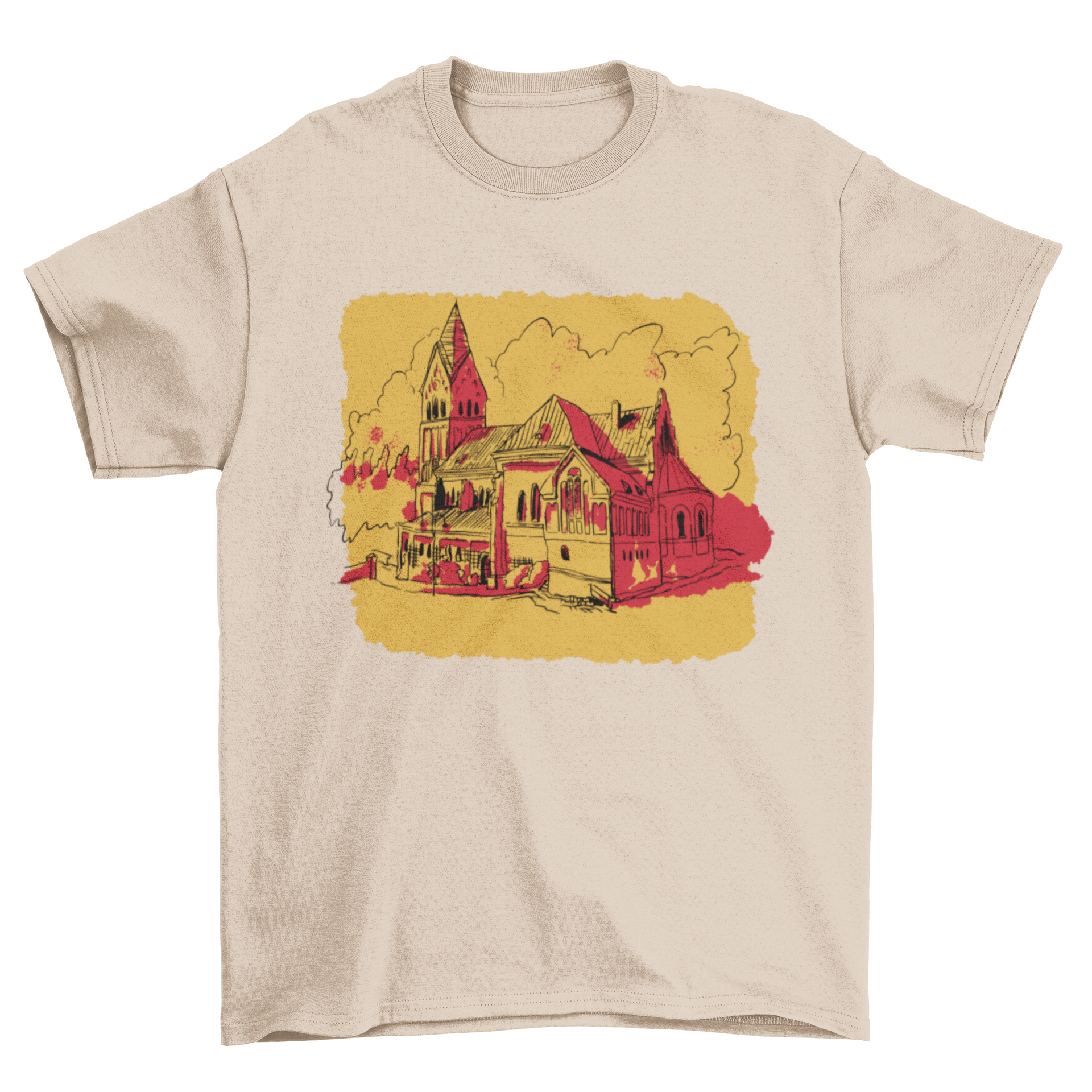 A stylish t-shirt featuring a church silhouette against a vibrant sunset background, showcasing warm colors.