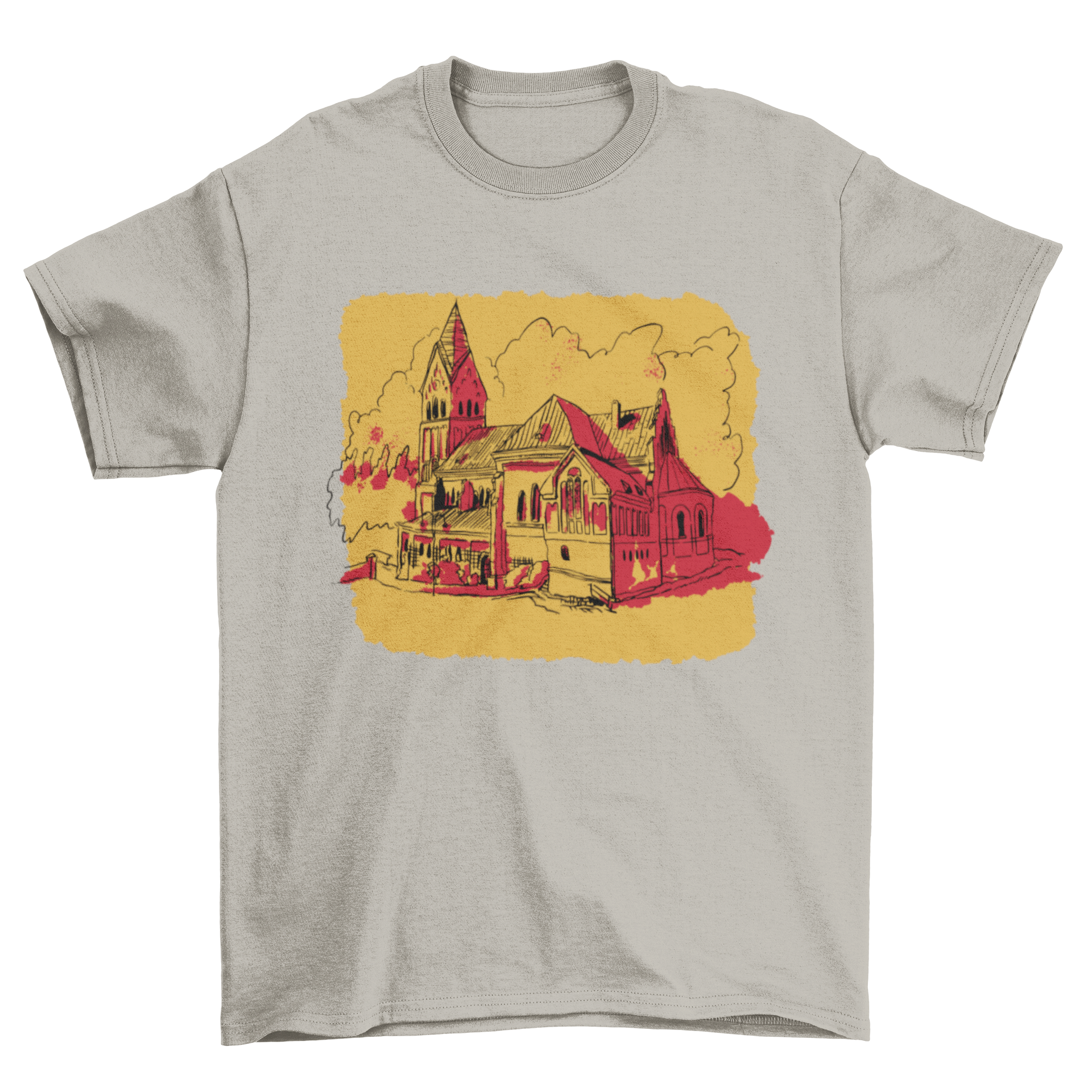 A stylish t-shirt featuring a church silhouette against a vibrant sunset background, showcasing warm colors.