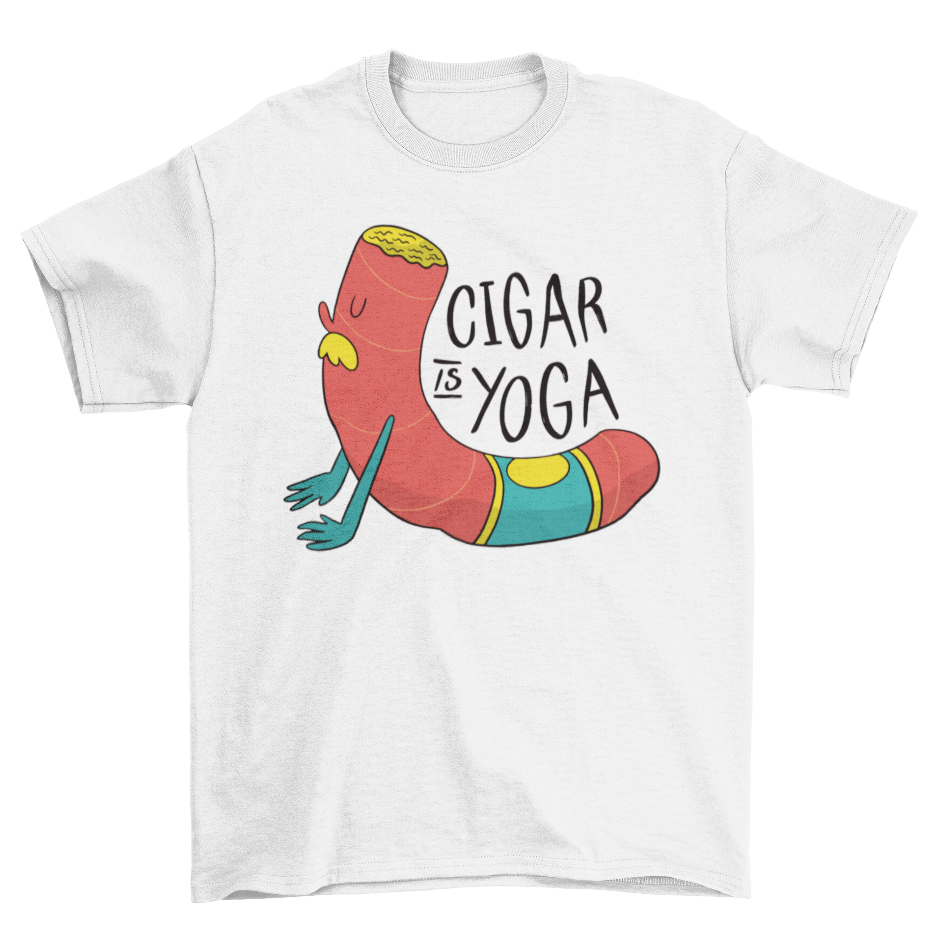 Cigar Yoga T-shirt featuring a cigar in a yoga pose with the quote 'CIGAR IS YOGA'.