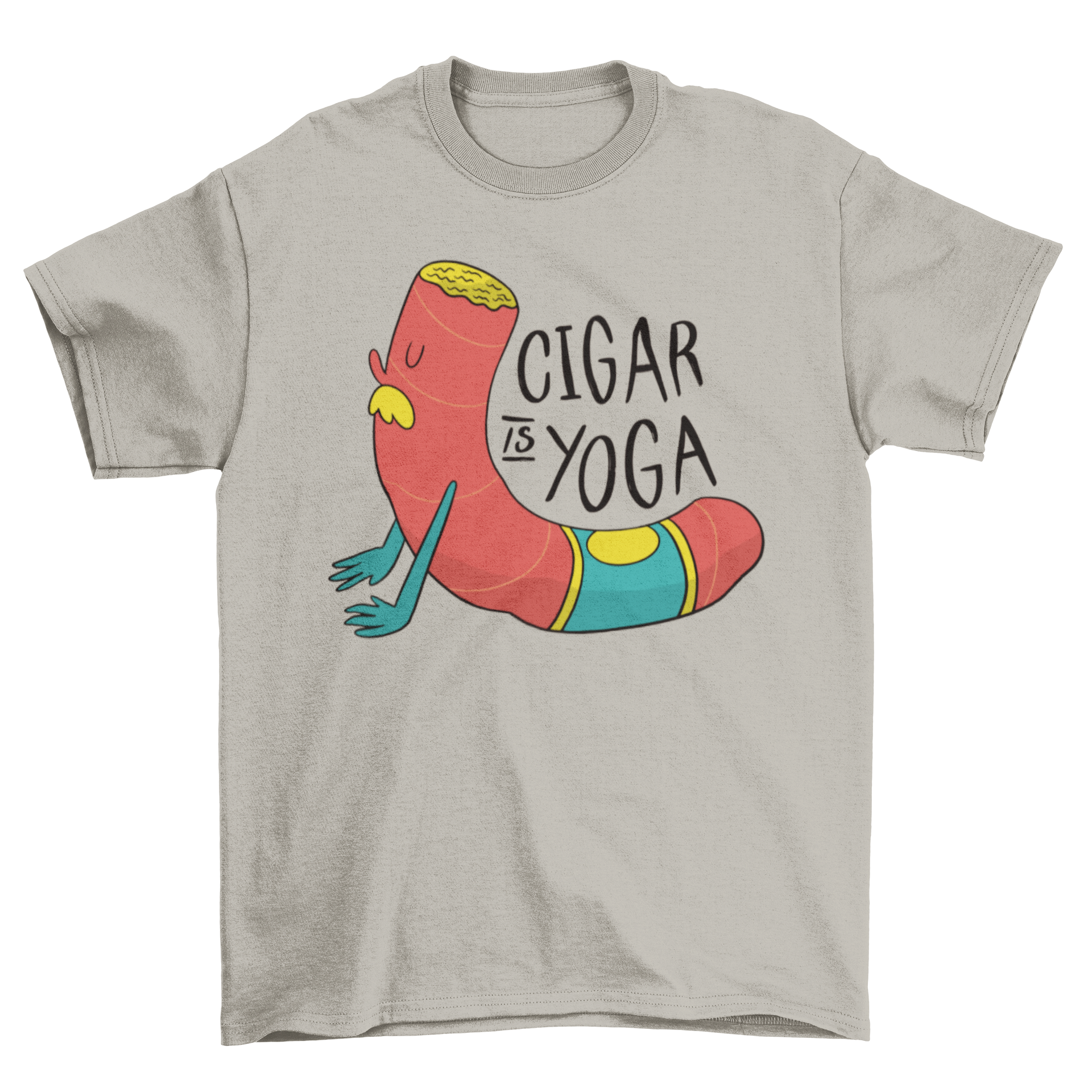 Cigar Yoga T-shirt featuring a cigar in a yoga pose with the quote 'CIGAR IS YOGA'.