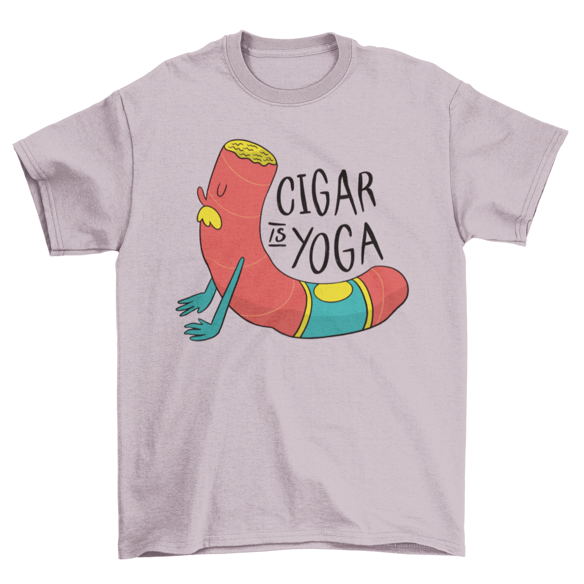 Cigar Yoga T-shirt featuring a cigar in a yoga pose with the quote 'CIGAR IS YOGA'.