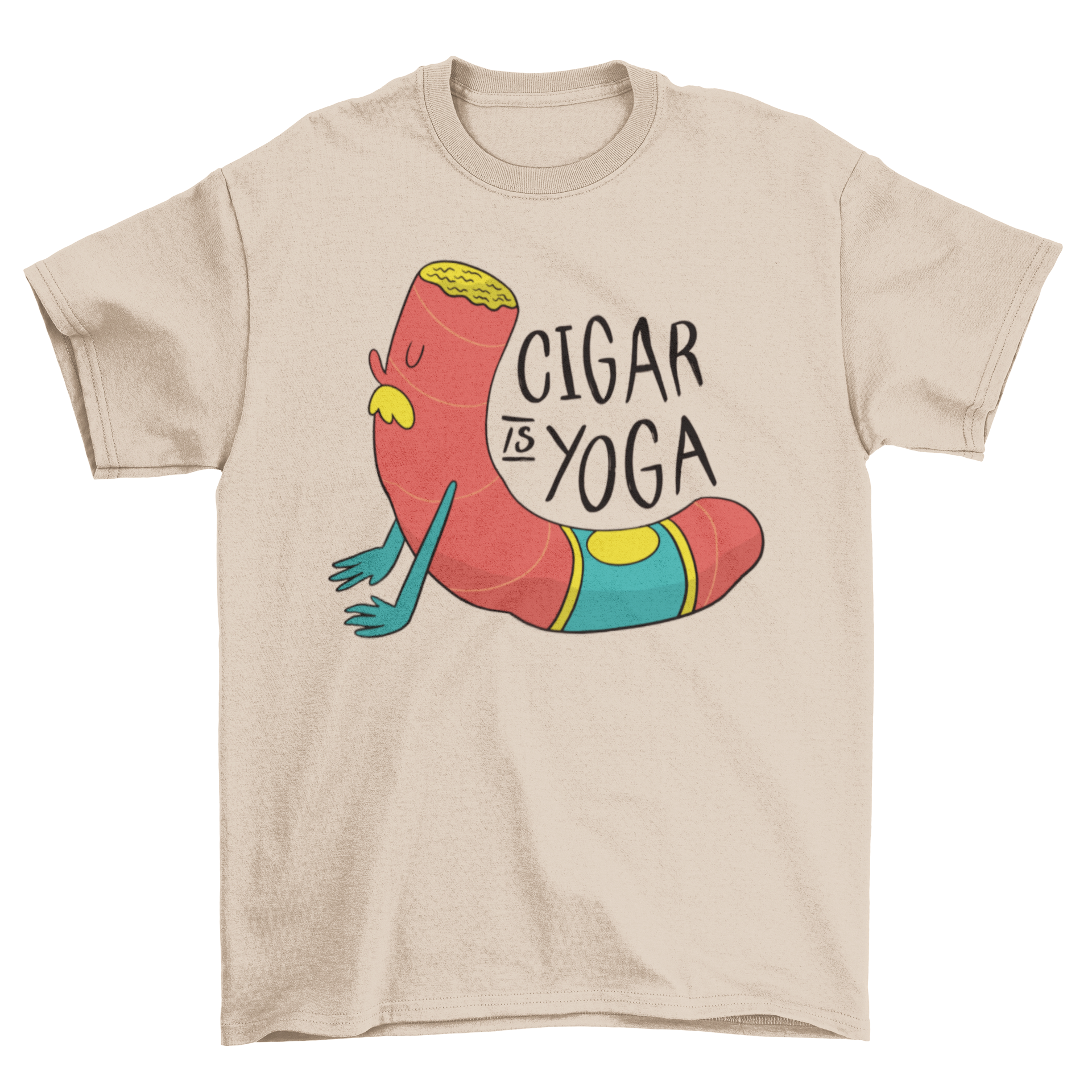 Cigar Yoga T-shirt featuring a cigar in a yoga pose with the quote 'CIGAR IS YOGA'.