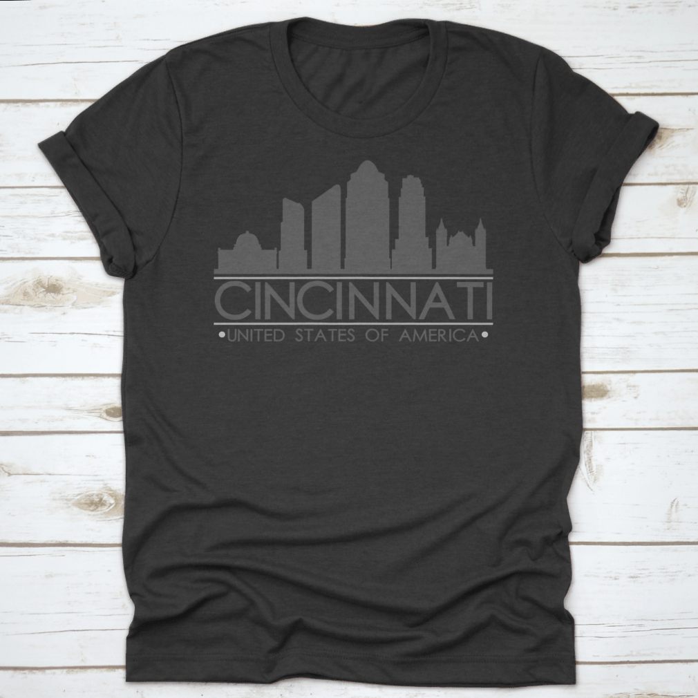 Cincinnati Ohio skyline silhouette design on a stylish cotton T-shirt, showcasing the city's iconic skyline in vector art.