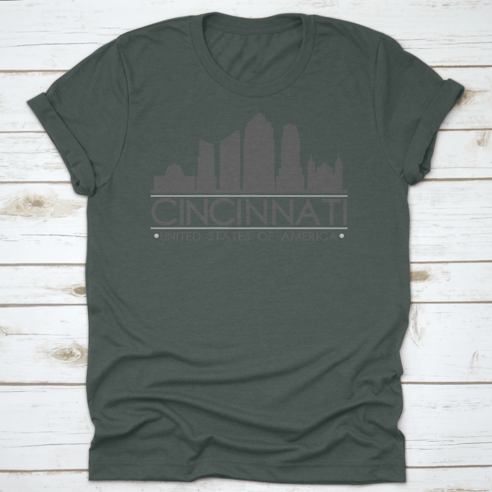 Cincinnati Ohio skyline silhouette design on a stylish cotton T-shirt, showcasing the city's iconic skyline in vector art.