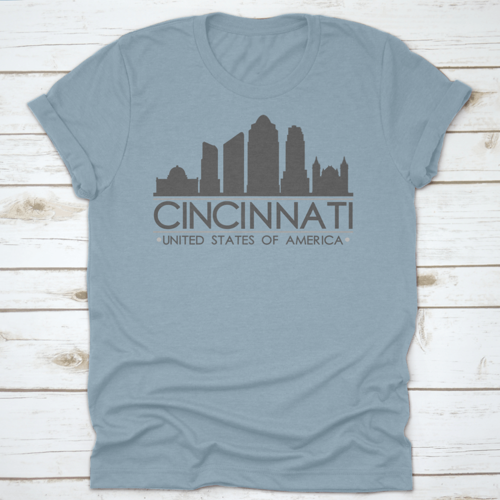 Cincinnati Ohio skyline silhouette design on a stylish cotton T-shirt, showcasing the city's iconic skyline in vector art.