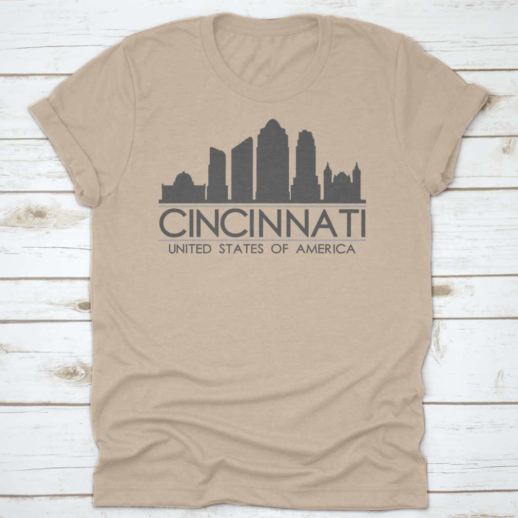 Cincinnati Ohio skyline silhouette design on a stylish cotton T-shirt, showcasing the city's iconic skyline in vector art.