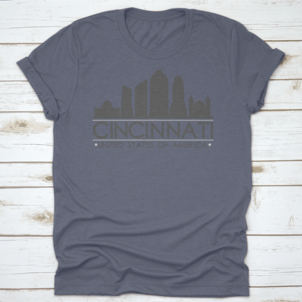 Cincinnati Ohio skyline silhouette design on a stylish cotton T-shirt, showcasing the city's iconic skyline in vector art.