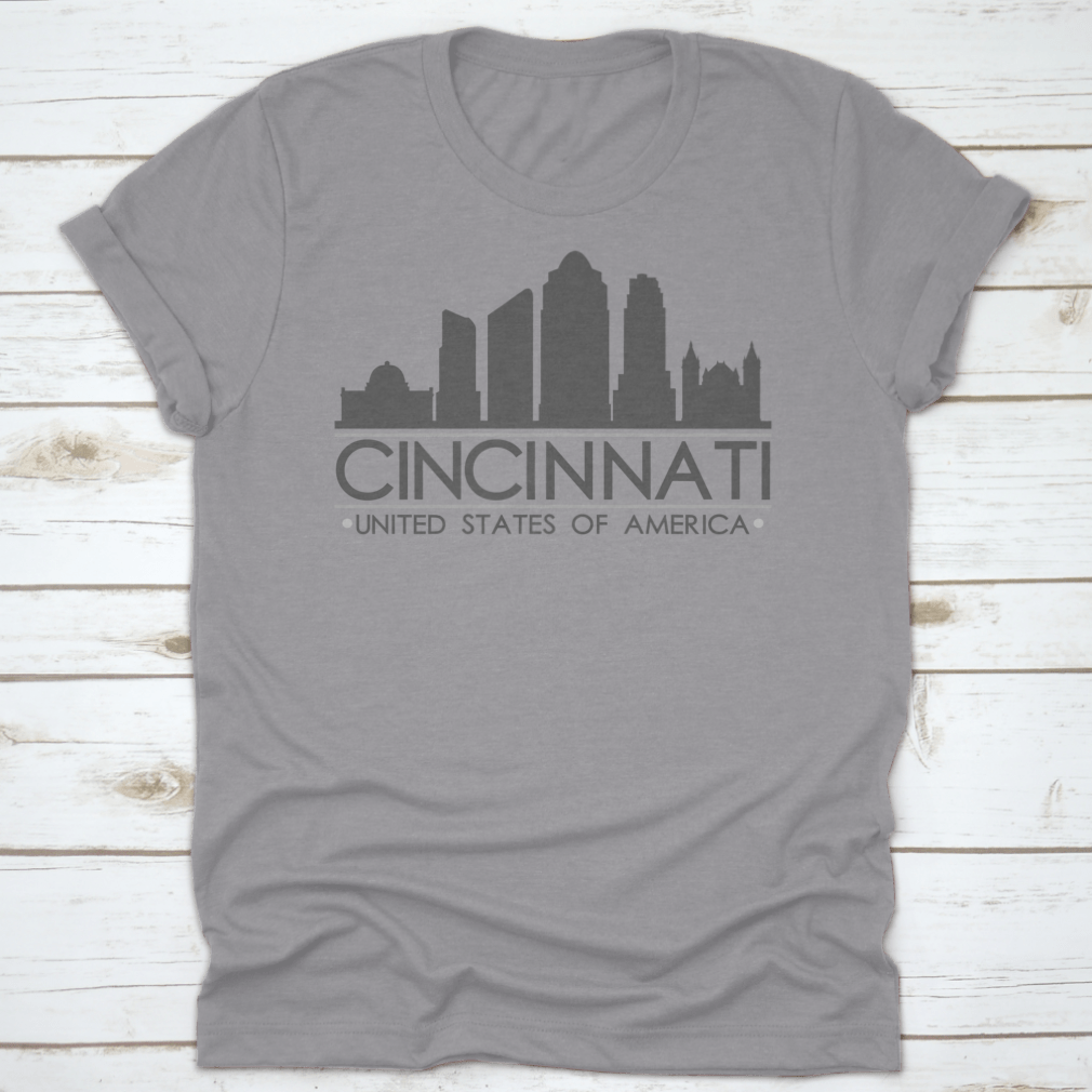 Cincinnati Ohio skyline silhouette design on a stylish cotton T-shirt, showcasing the city's iconic skyline in vector art.