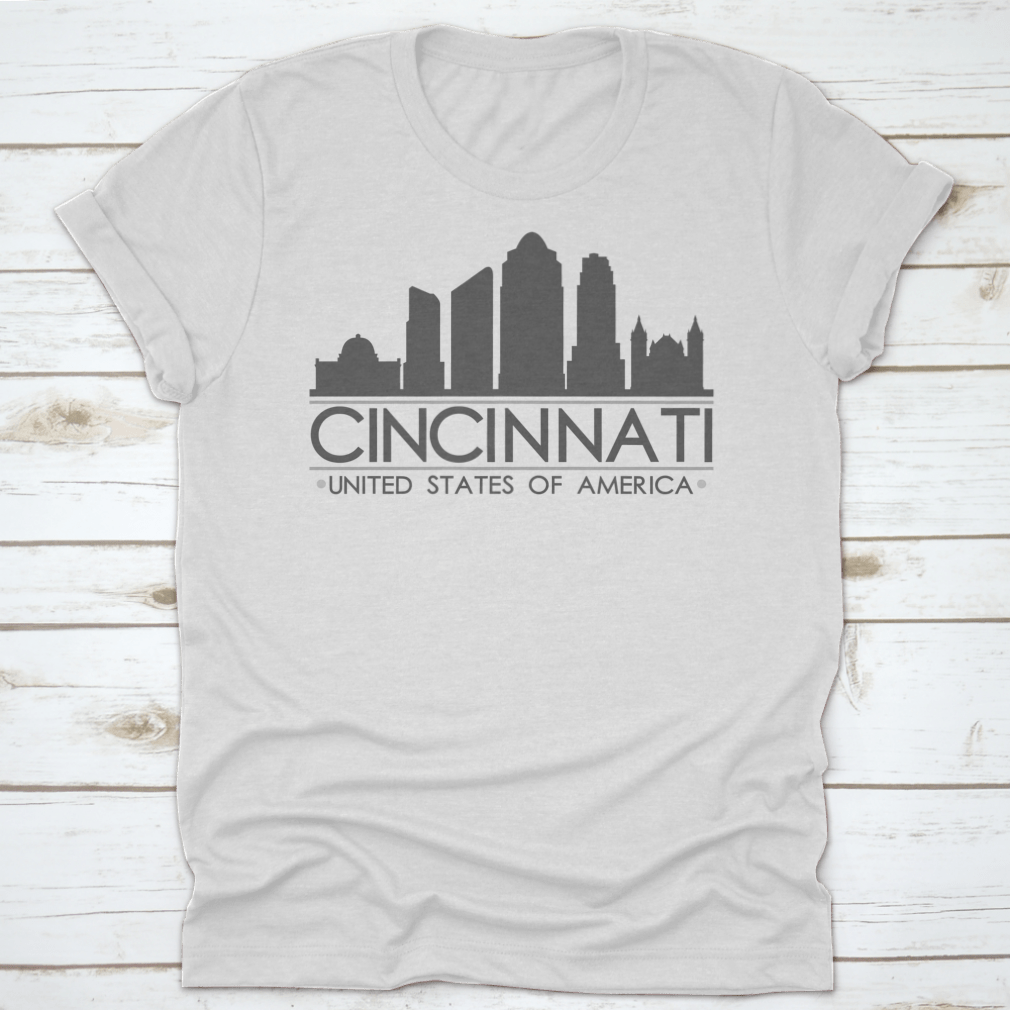 Cincinnati Ohio skyline silhouette design on a stylish cotton T-shirt, showcasing the city's iconic skyline in vector art.