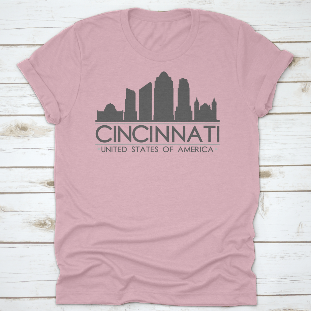 Cincinnati Ohio skyline silhouette design on a stylish cotton T-shirt, showcasing the city's iconic skyline in vector art.