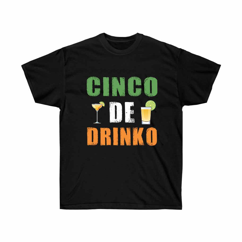 Cinco De Drinko Drinking T-shirt featuring vibrant design, made of soft cotton, perfect for festive celebrations.