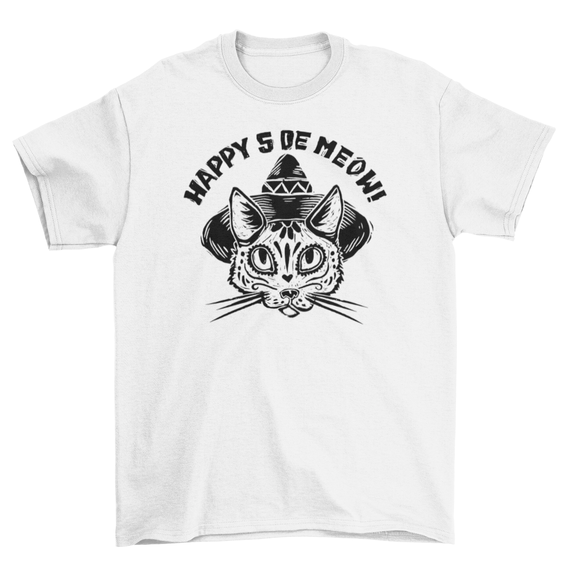 A playful cat wearing a colorful sombrero with the quote 'Happy 5 de meow!' on a t-shirt.