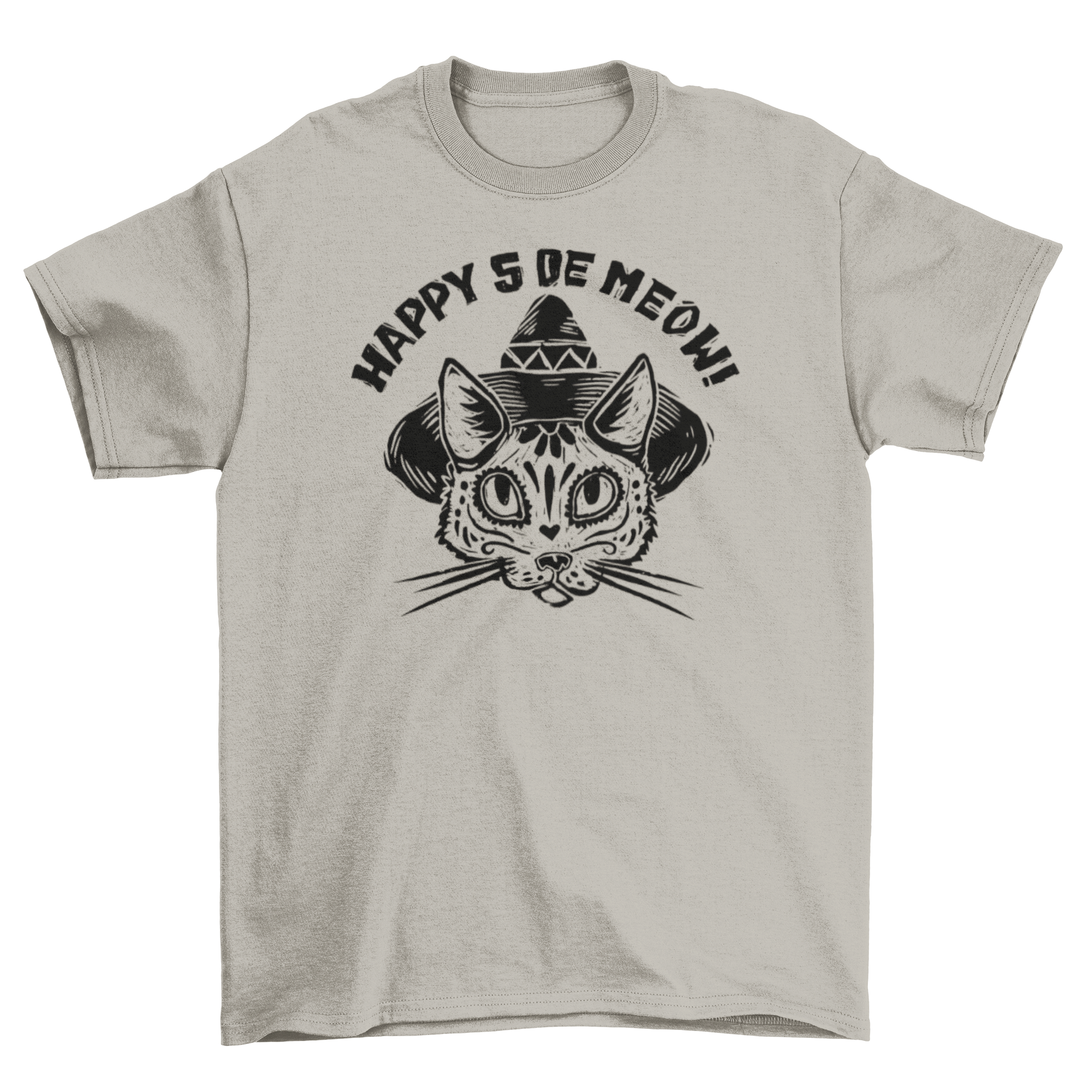 A playful cat wearing a colorful sombrero with the quote 'Happy 5 de meow!' on a t-shirt.