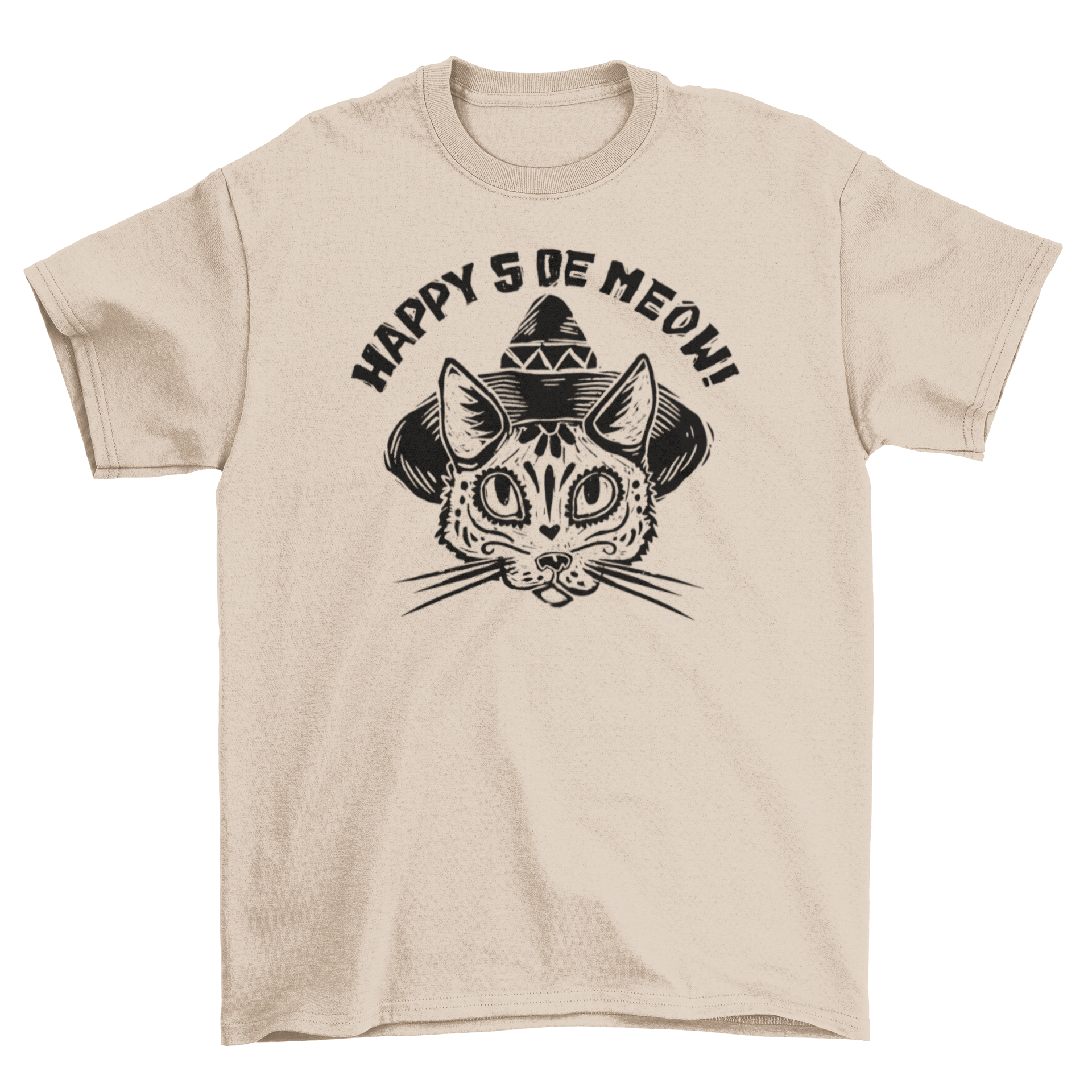 A playful cat wearing a colorful sombrero with the quote 'Happy 5 de meow!' on a t-shirt.