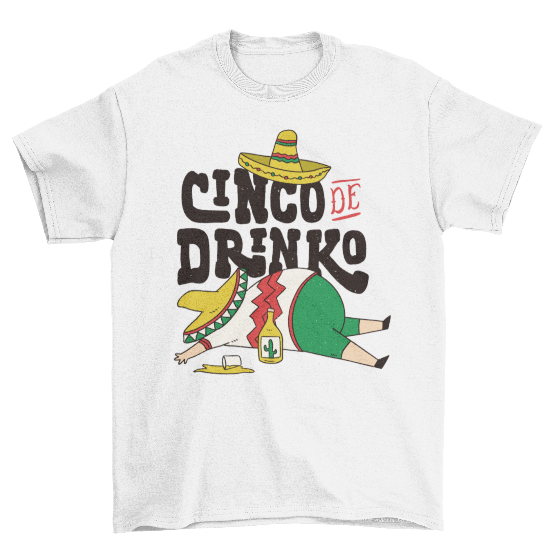 Funny Cinco de Mayo t-shirt featuring a drunk man and the caption 'Cinco de drinko', perfect for festive celebrations.