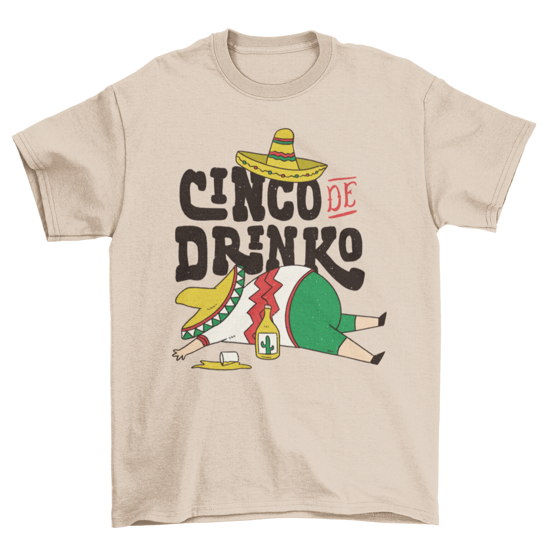 Funny Cinco de Mayo t-shirt featuring a drunk man and the caption 'Cinco de drinko', perfect for festive celebrations.