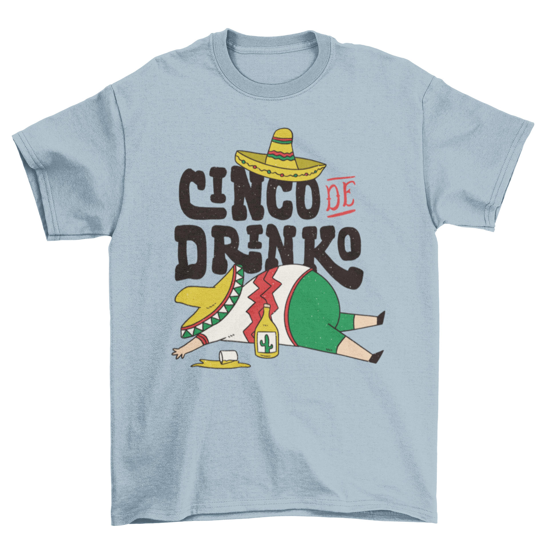 Funny Cinco de Mayo t-shirt featuring a drunk man and the caption 'Cinco de drinko', perfect for festive celebrations.