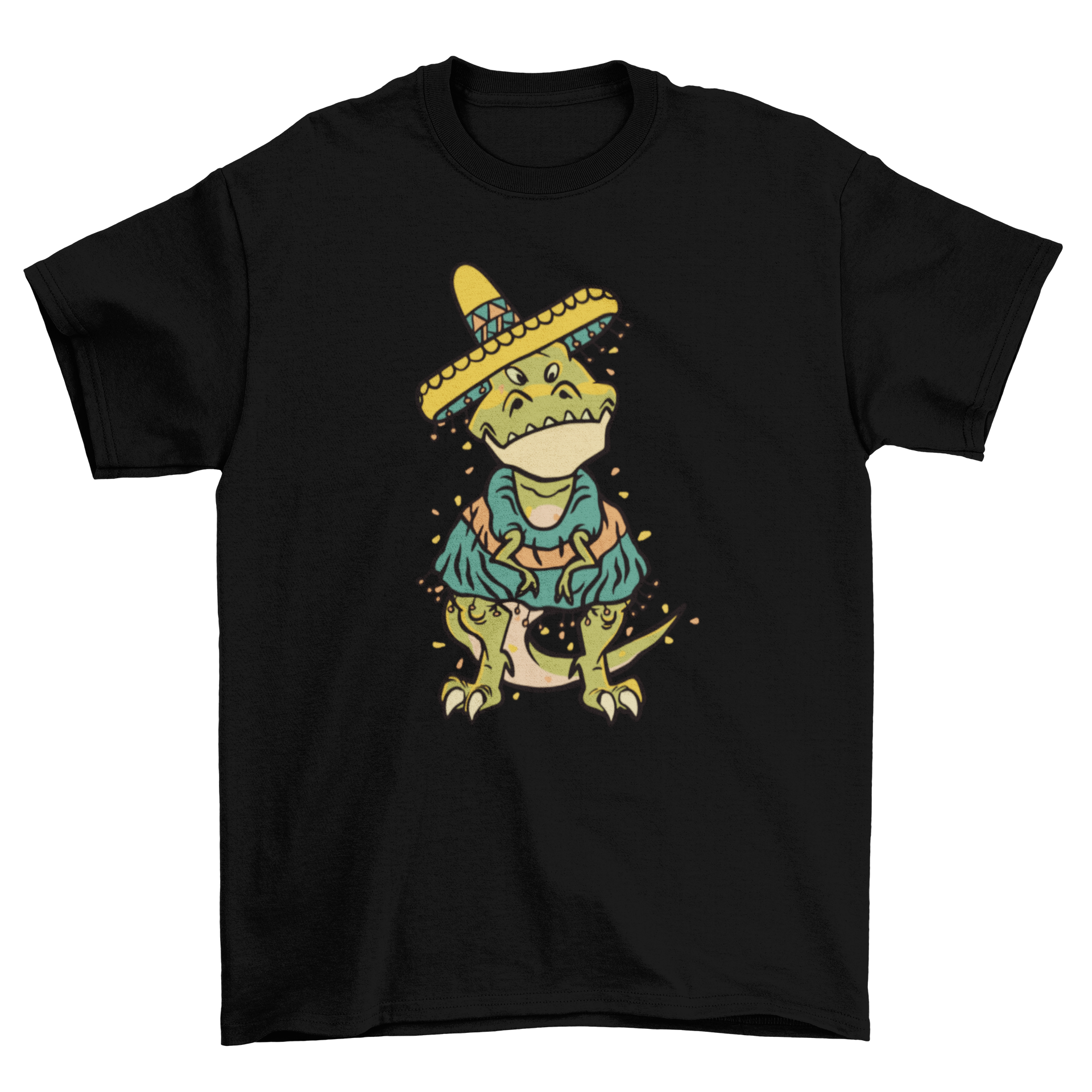 A colorful Cinco de Mayo t-shirt featuring a T-Rex wearing a festive poncho and hat, perfect for celebrations.