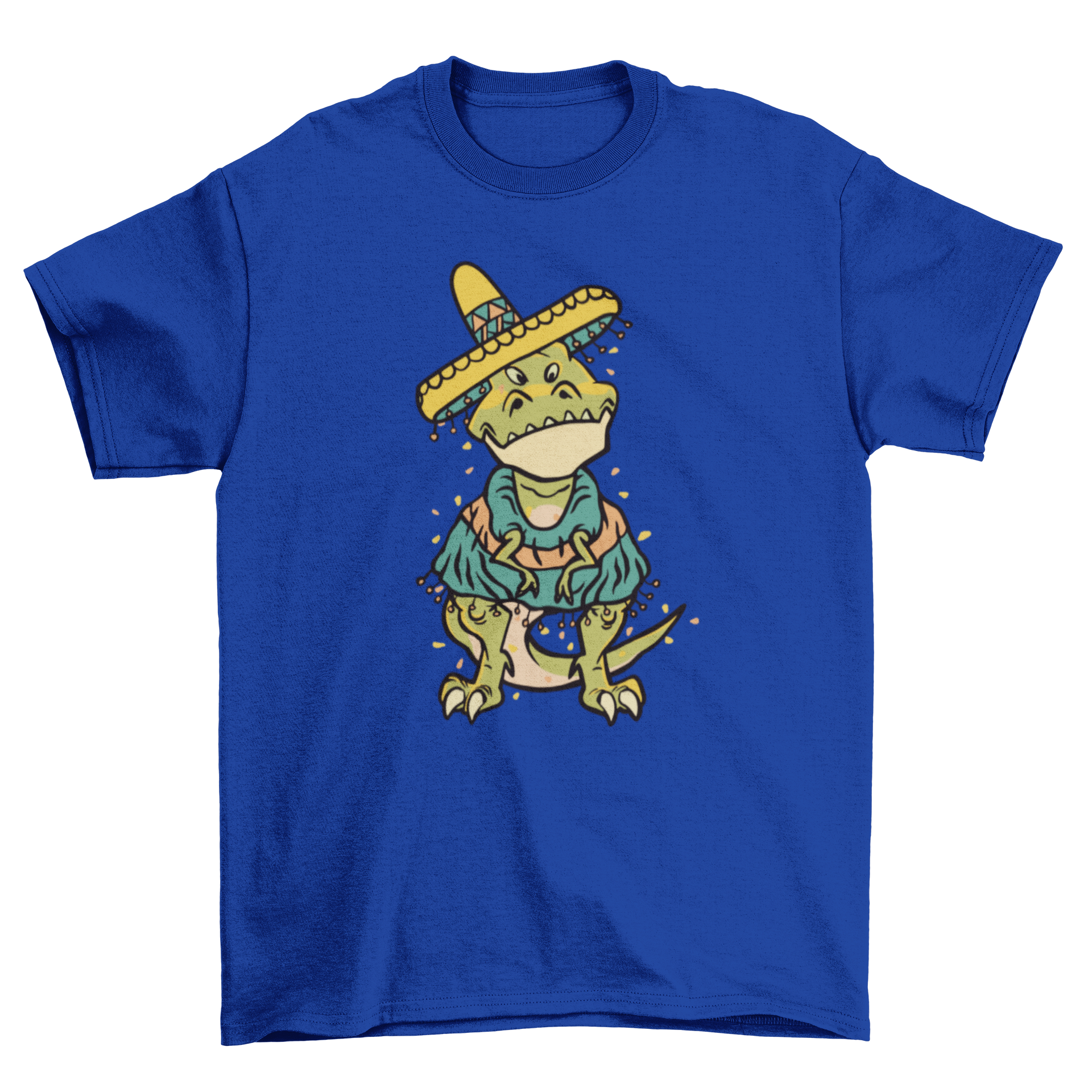 A colorful Cinco de Mayo t-shirt featuring a T-Rex wearing a festive poncho and hat, perfect for celebrations.