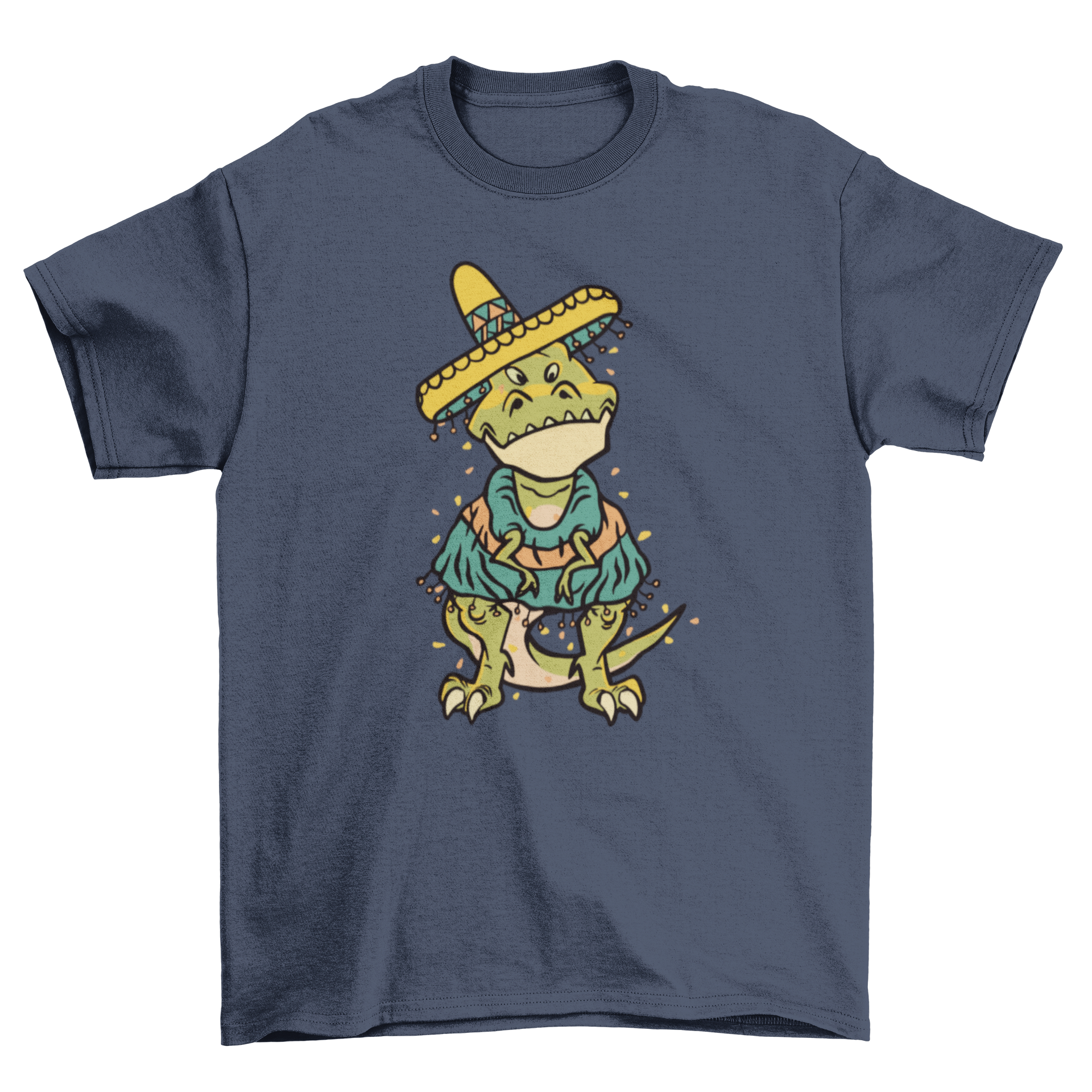 A colorful Cinco de Mayo t-shirt featuring a T-Rex wearing a festive poncho and hat, perfect for celebrations.