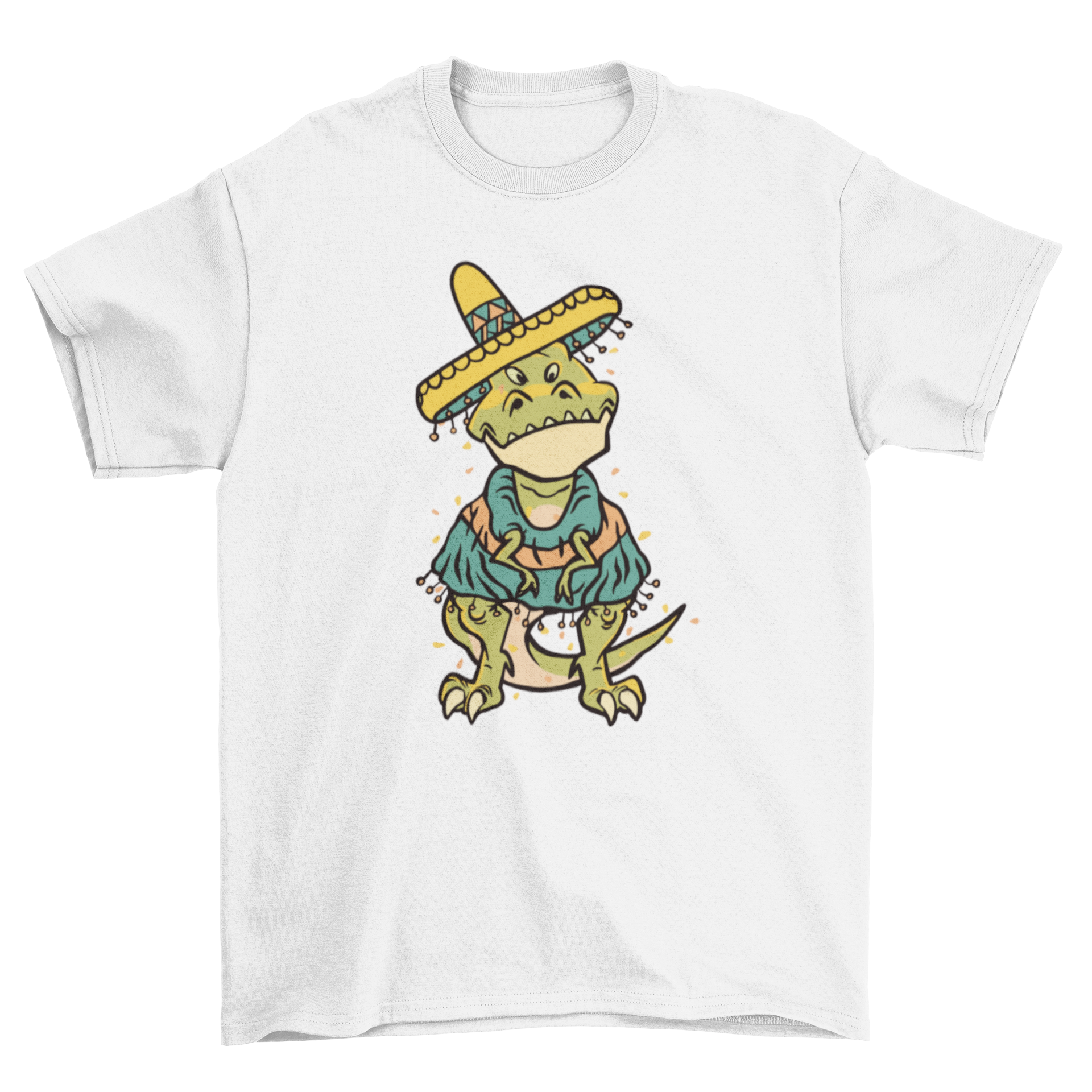 A colorful Cinco de Mayo t-shirt featuring a T-Rex wearing a festive poncho and hat, perfect for celebrations.