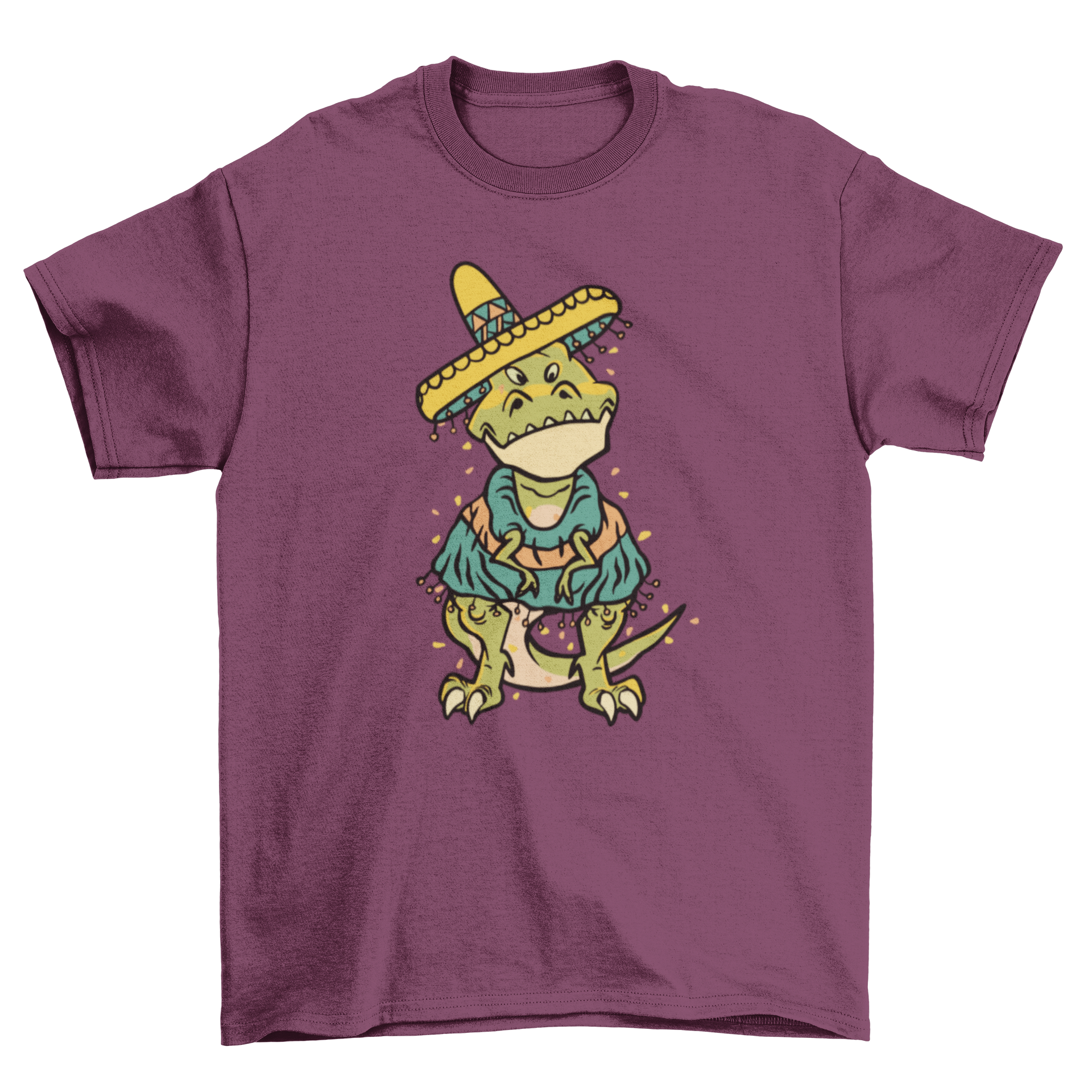 A colorful Cinco de Mayo t-shirt featuring a T-Rex wearing a festive poncho and hat, perfect for celebrations.