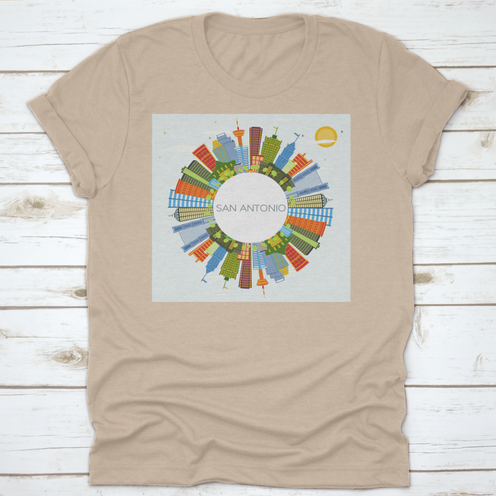 Circle Perspective San Antonio Texas City Skyline T-shirt featuring vibrant colors and a classic fit, made from high-quality cotton.