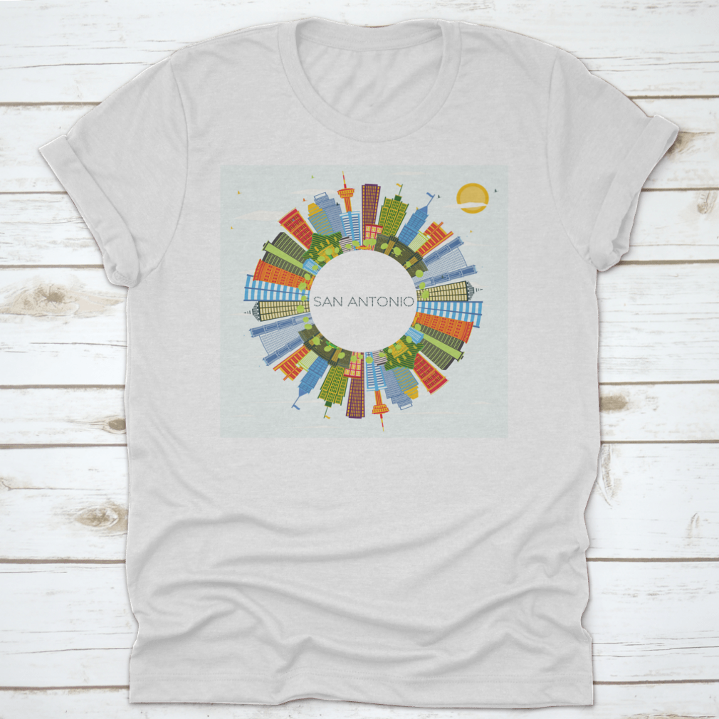 Circle Perspective San Antonio Texas City Skyline T-shirt featuring vibrant colors and a classic fit, made from high-quality cotton.