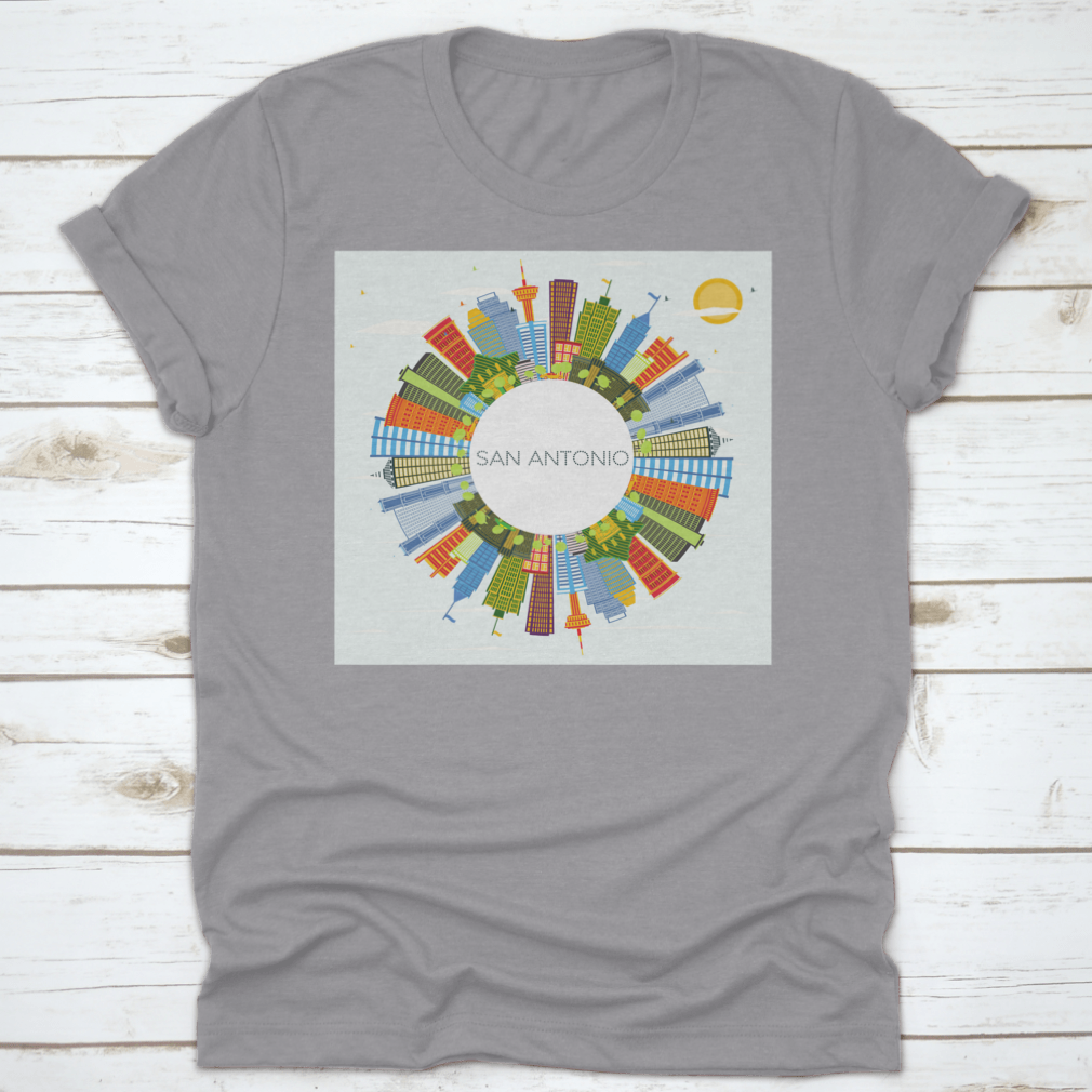 Circle Perspective San Antonio Texas City Skyline T-shirt featuring vibrant colors and a classic fit, made from high-quality cotton.