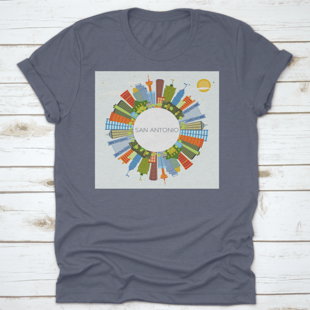 Circle Perspective San Antonio Texas City Skyline T-shirt featuring vibrant colors and a classic fit, made from high-quality cotton.