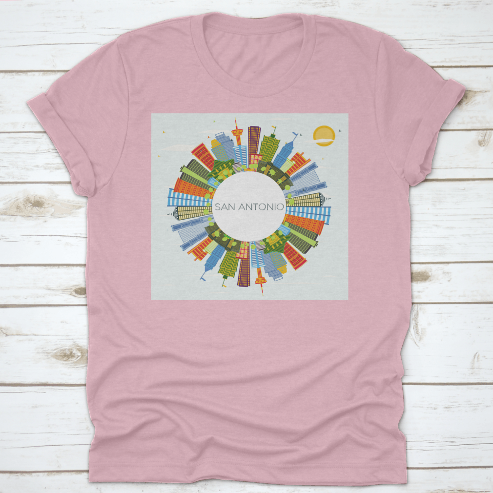 Circle Perspective San Antonio Texas City Skyline T-shirt featuring vibrant colors and a classic fit, made from high-quality cotton.