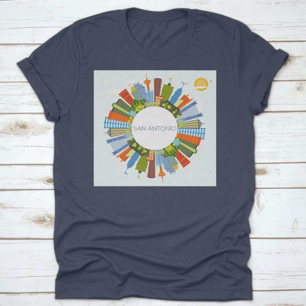 Circle Perspective San Antonio Texas City Skyline T-shirt featuring vibrant colors and a classic fit, made from high-quality cotton.