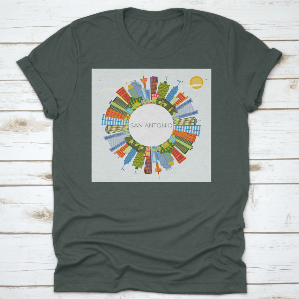 Circle Perspective San Antonio Texas City Skyline T-shirt featuring vibrant colors and a classic fit, made from high-quality cotton.