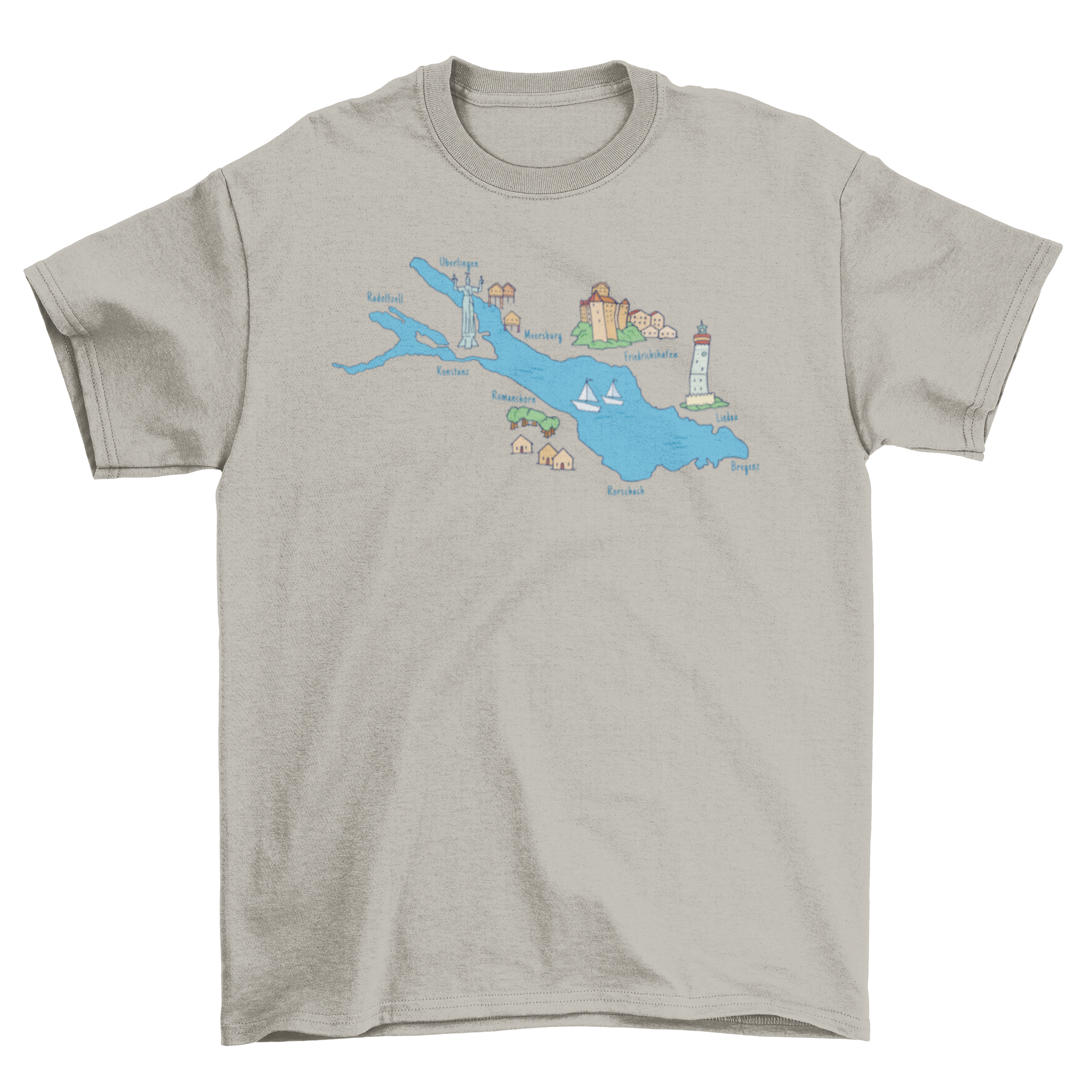 A stylish t-shirt featuring a colorful map of cities around a lake, showcasing their names in an artistic design.