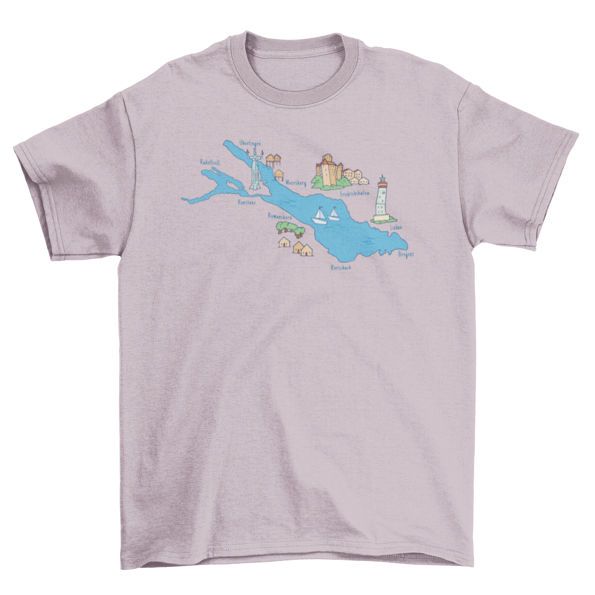 A stylish t-shirt featuring a colorful map of cities around a lake, showcasing their names in an artistic design.