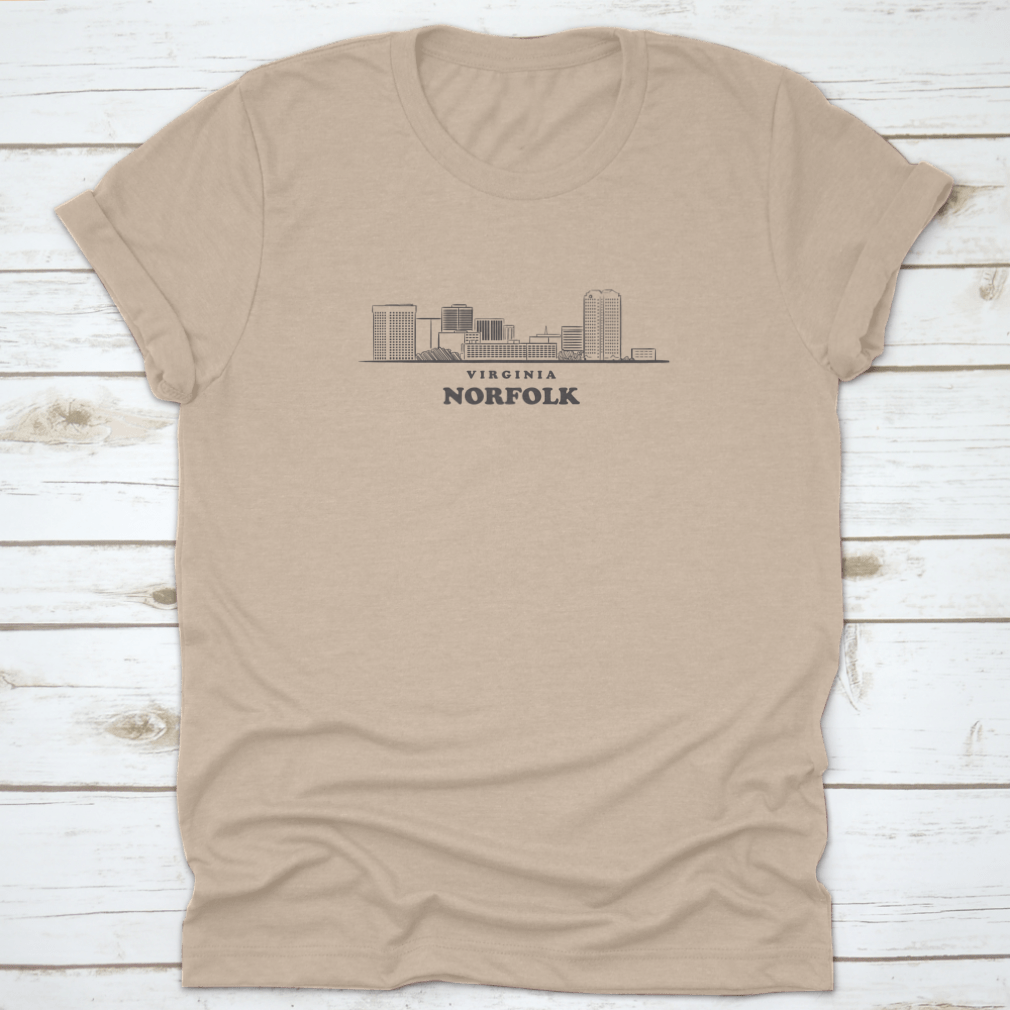 A stylish shirt featuring a drawn sketch vector illustration of the Norfolk, Virginia skyline, showcasing iconic buildings and structures.