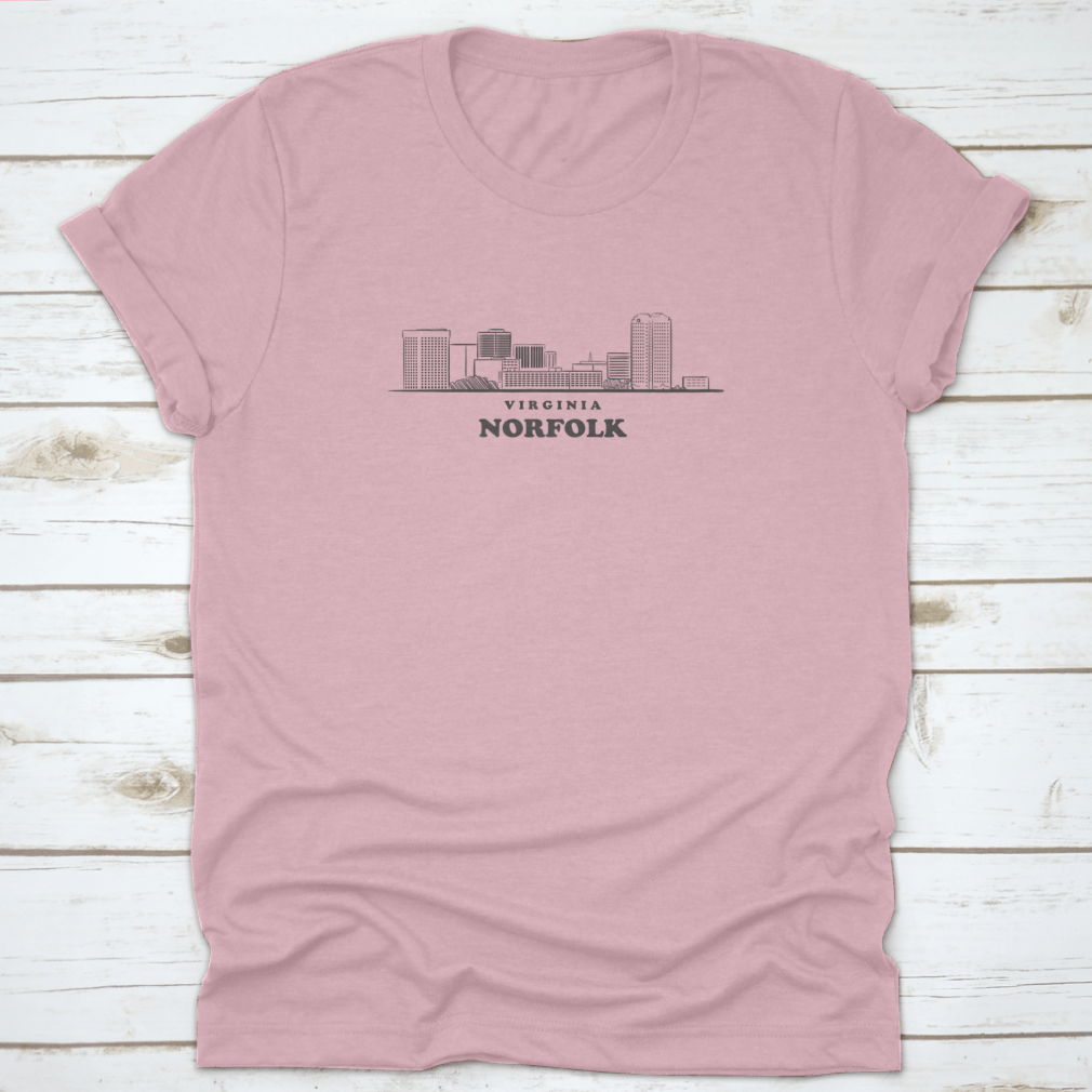 A stylish shirt featuring a drawn sketch vector illustration of the Norfolk, Virginia skyline, showcasing iconic buildings and structures.