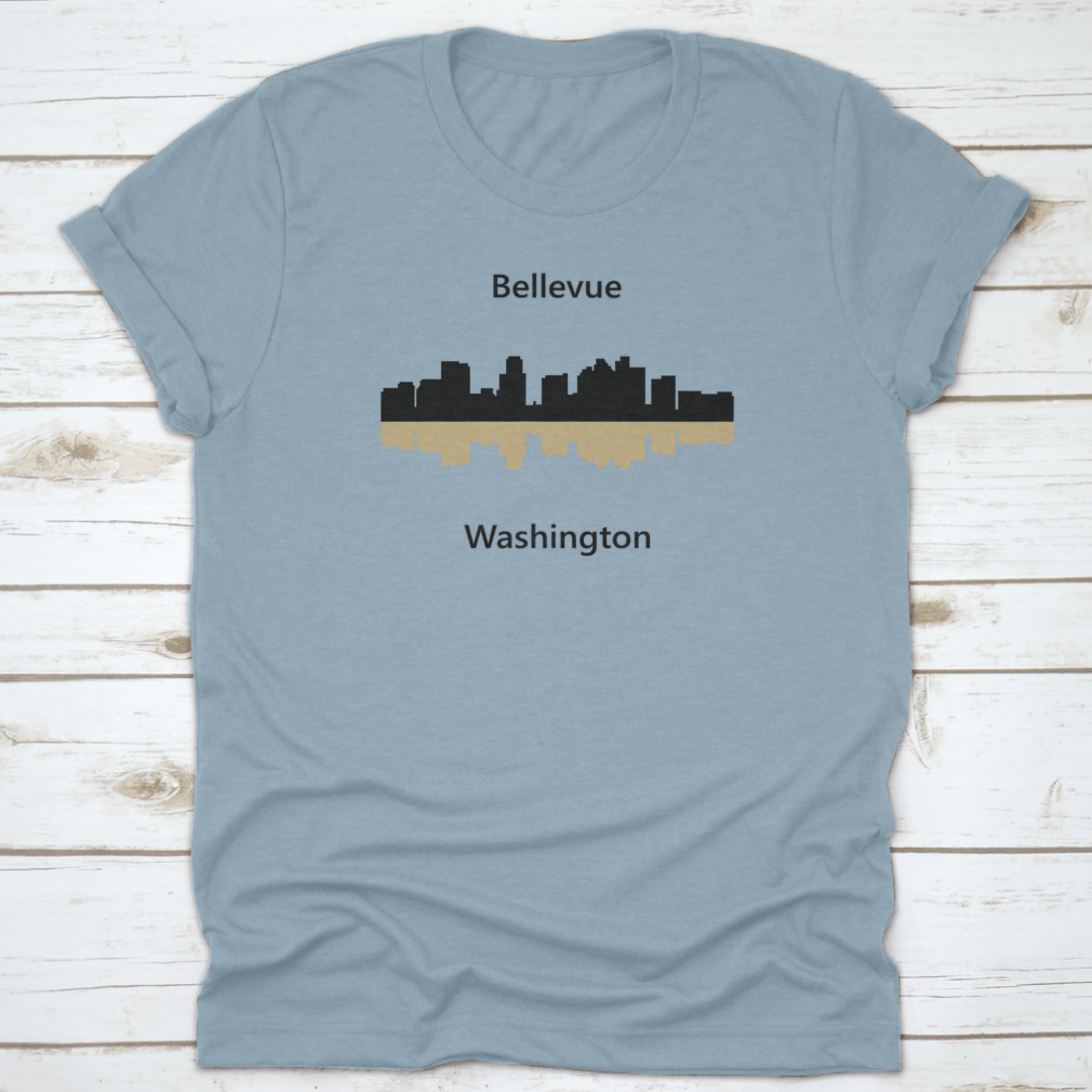 Vector illustration of the Bellevue, Washington skyline with shadow reflection, showcasing iconic buildings and urban landscape.