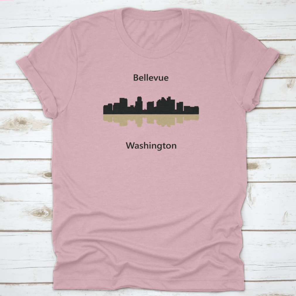 Vector illustration of the Bellevue, Washington skyline with shadow reflection, showcasing iconic buildings and urban landscape.