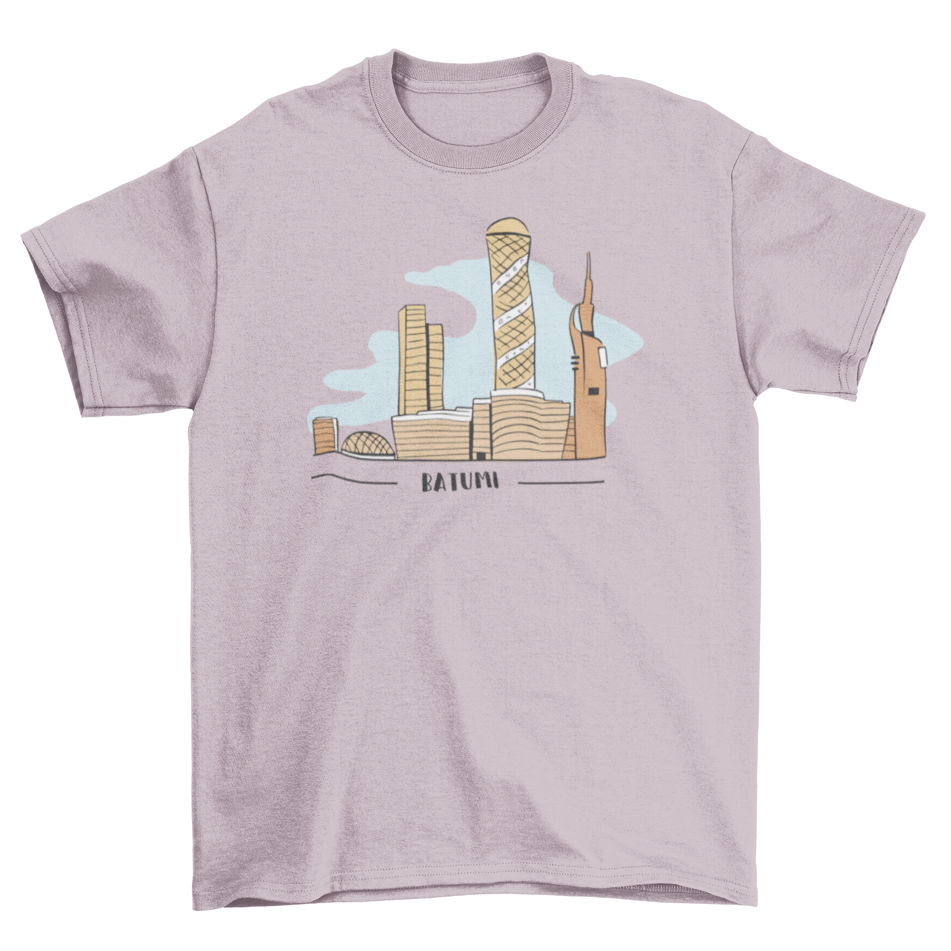 City urban landscape t-shirt featuring a vibrant city skyline and the quote 'Batumi'.