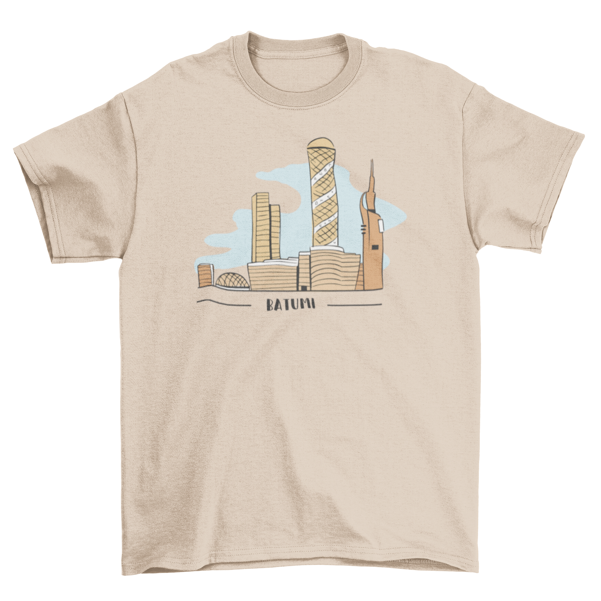 City urban landscape t-shirt featuring a vibrant city skyline and the quote 'Batumi'.