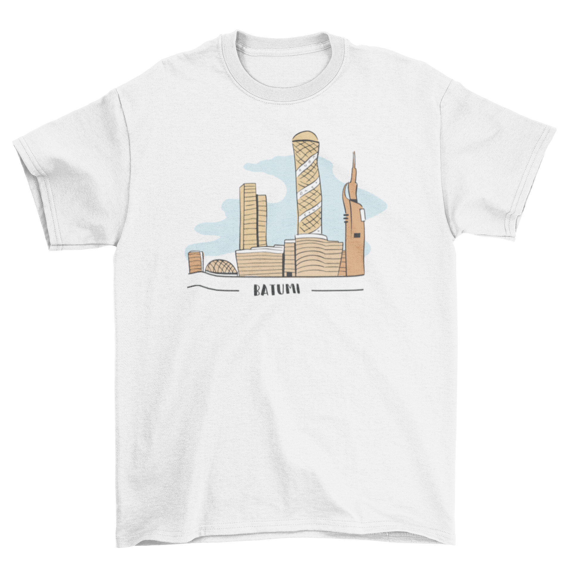 City urban landscape t-shirt featuring a vibrant city skyline and the quote 'Batumi'.