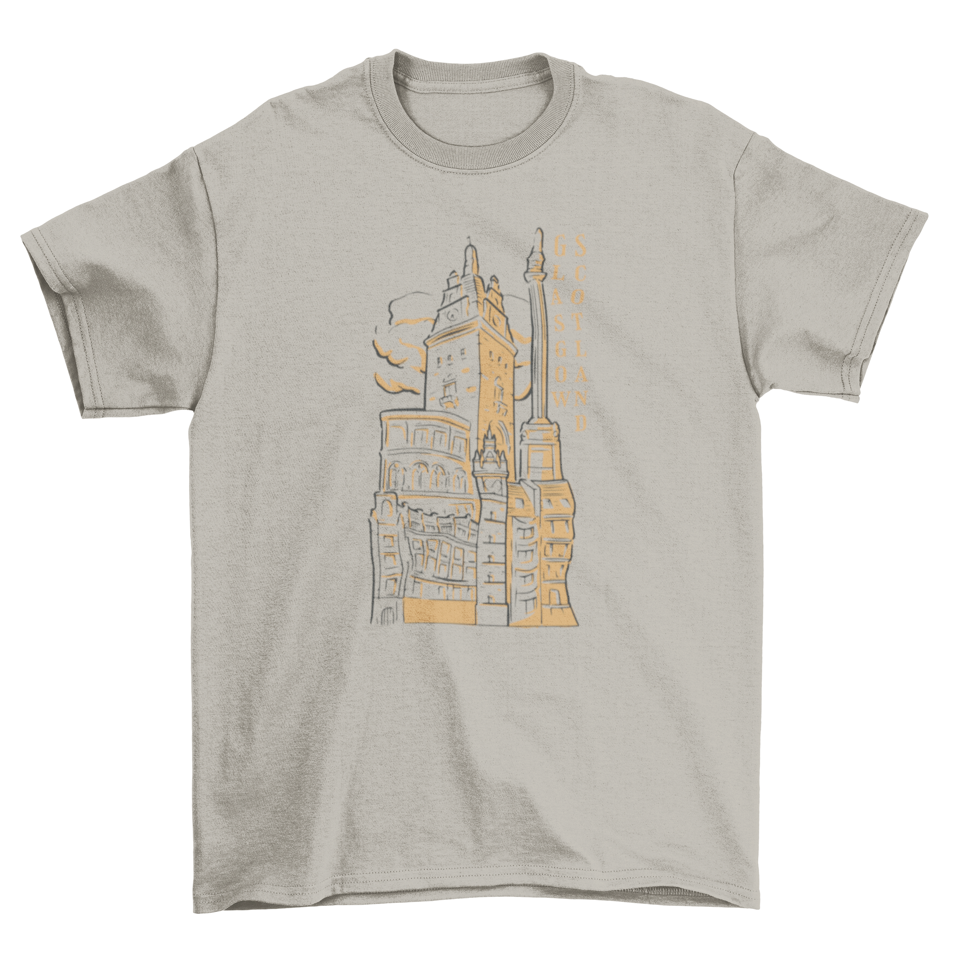 Cityscape t-shirt featuring iconic buildings of Glasgow, Scotland, showcasing a stylish design.